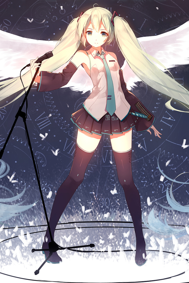 Download mobile wallpaper Music, Anime, Wings, Vocaloid, Green Hair, Shirt, Skirt, Tie, Blue Eyes, Hatsune Miku, Twintails for free.