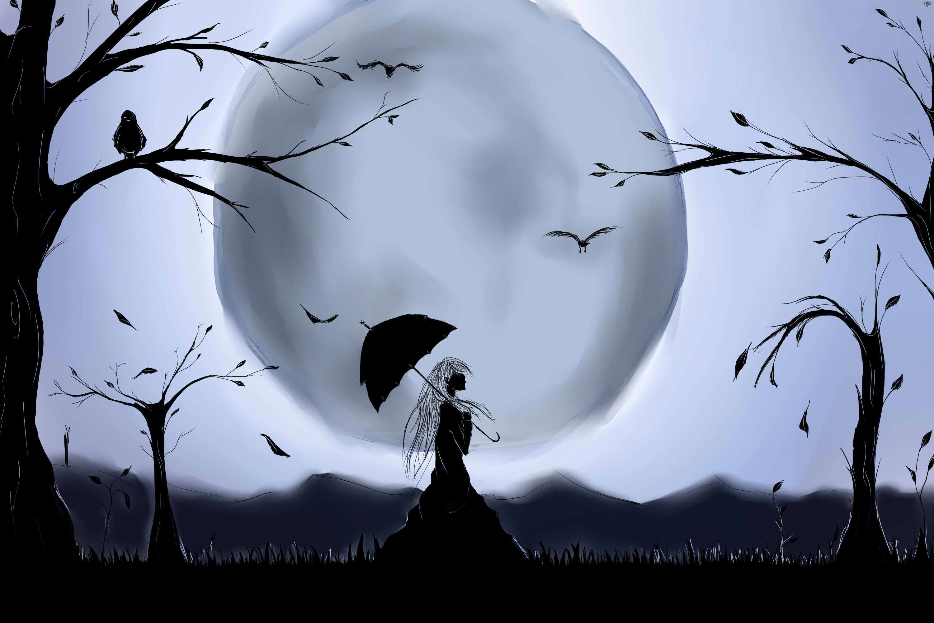 Download mobile wallpaper Fantasy, Moon, Silhouette, Tree, Umbrella, Raven, Women for free.