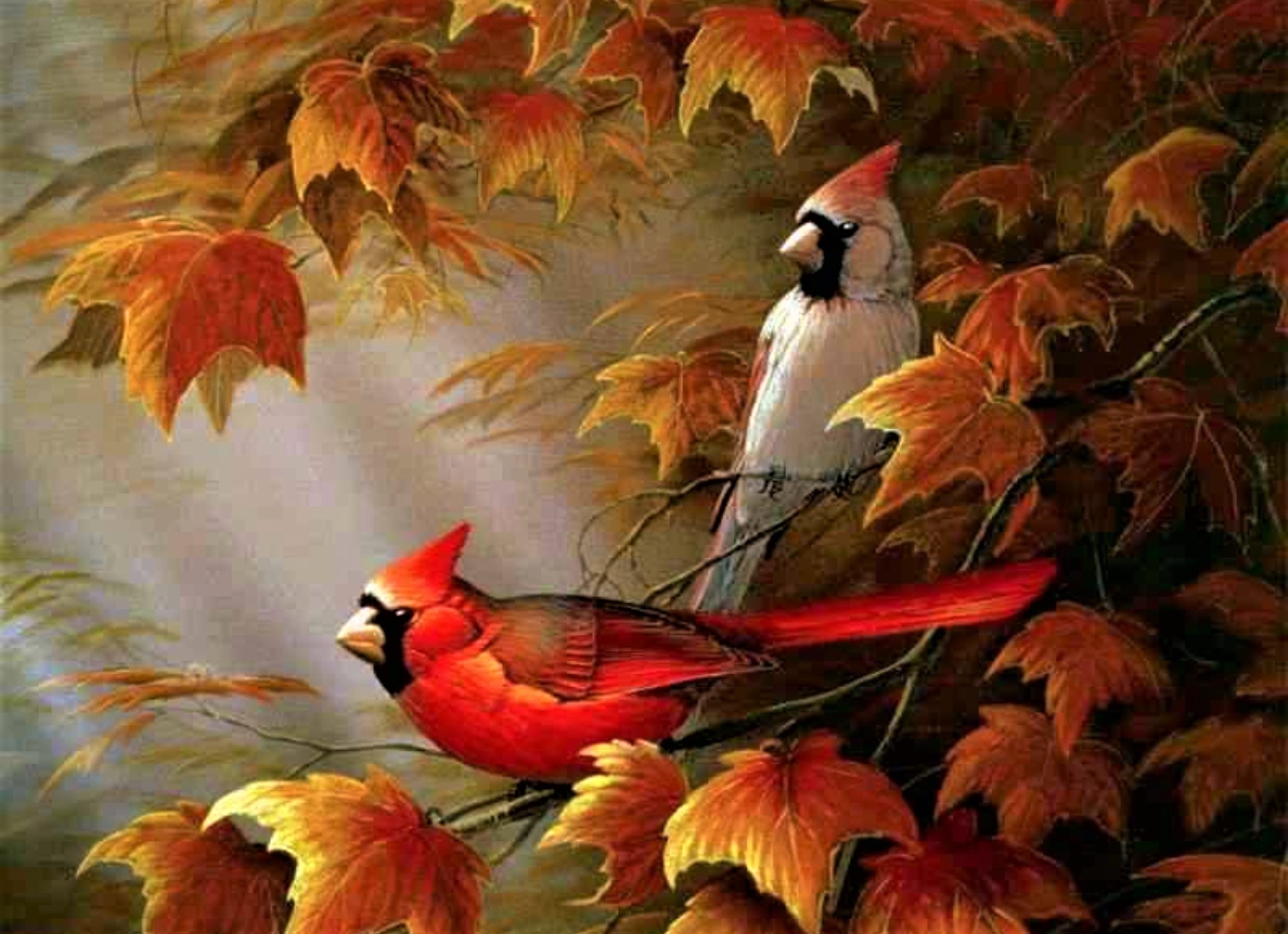1504343 descargar fondo de pantalla artístico, pintura, pájaro, cardenal, otoño, hoja, cardenal norteño: protectores de pantalla e imágenes gratis