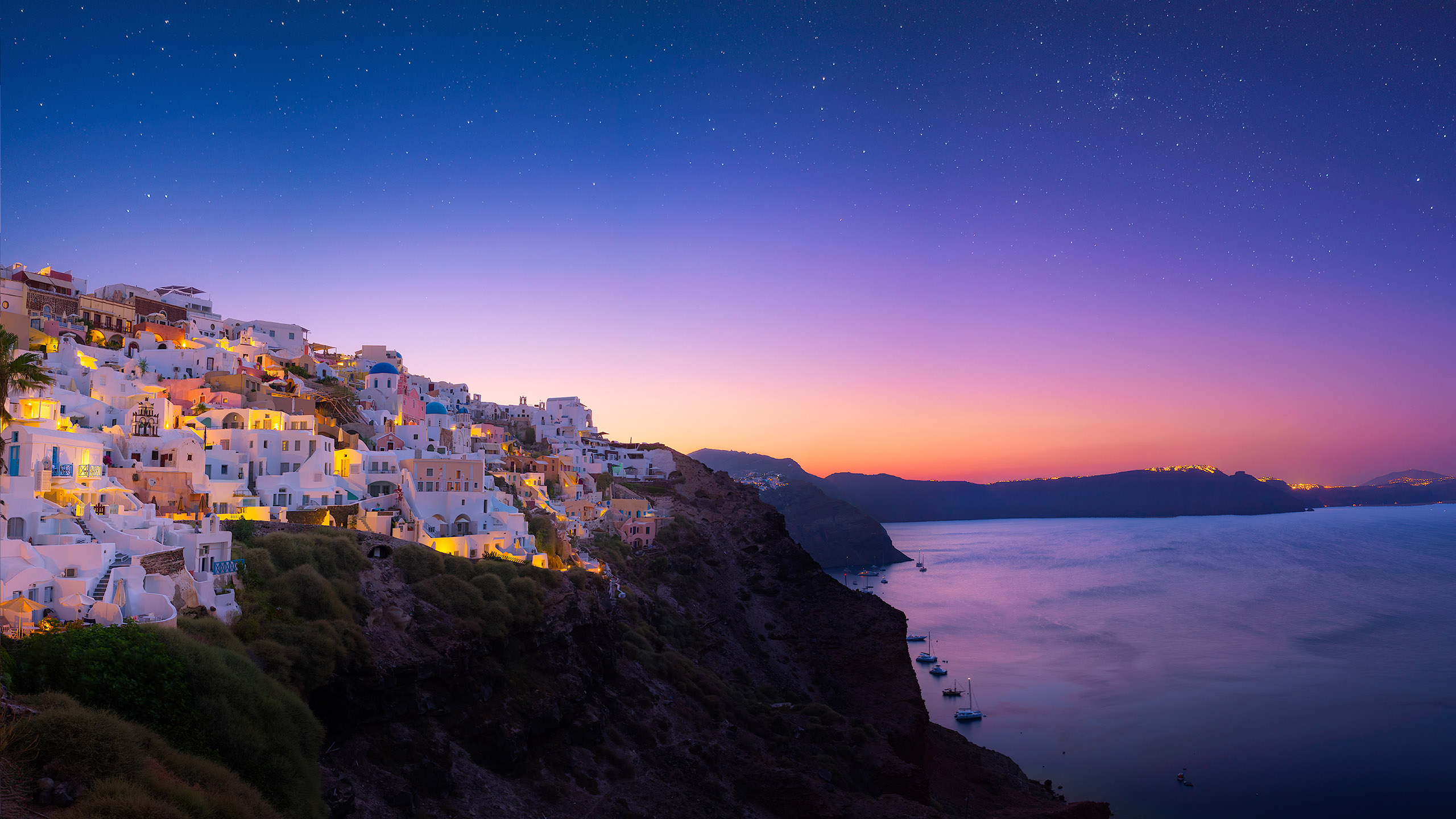 Download mobile wallpaper Sunset, Sea, Twilight, Ocean, House, Greece, Town, Santorini, Man Made, Towns for free.