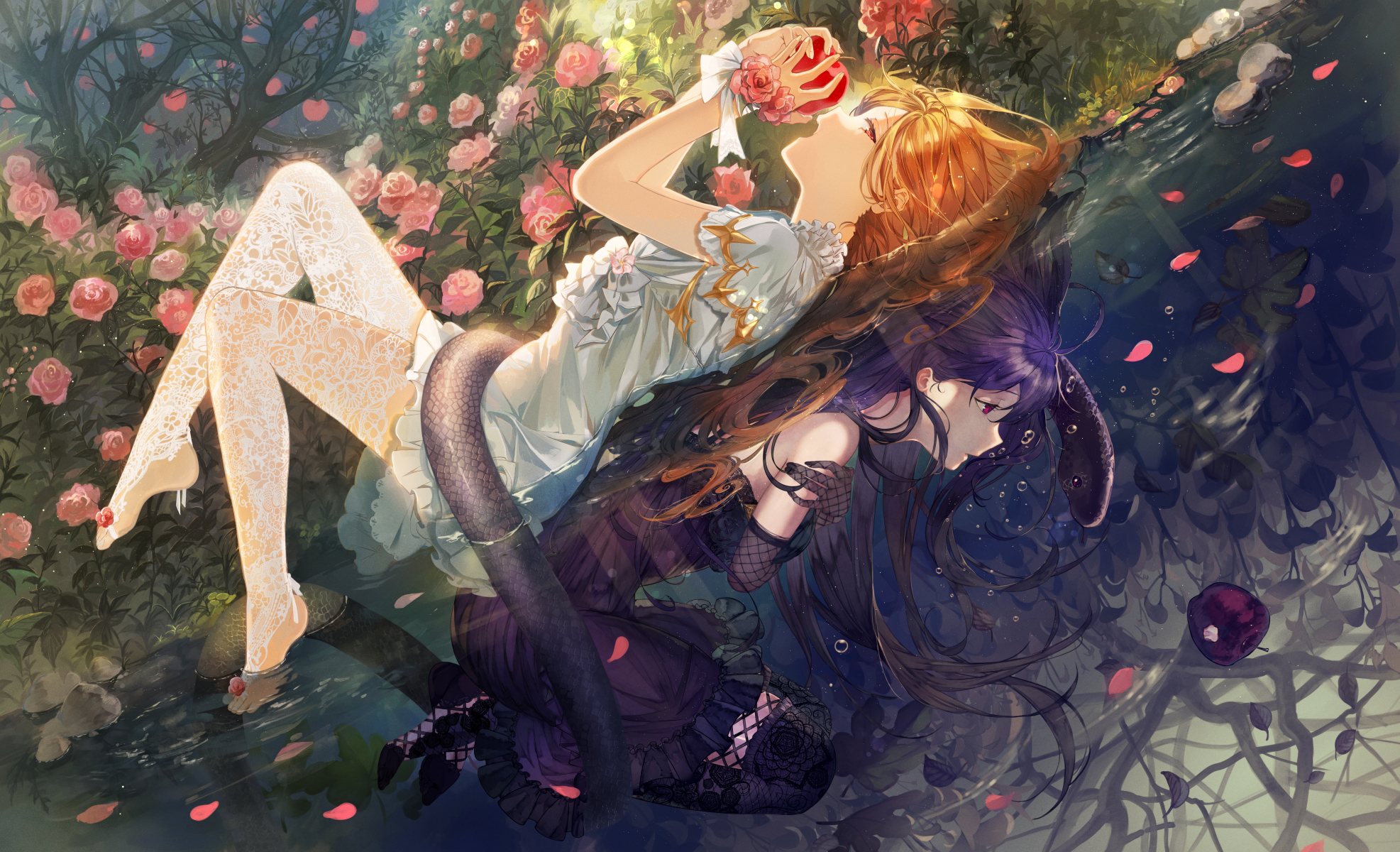 Download mobile wallpaper Anime, Water, Apple, Flower, Snake, Original for free.