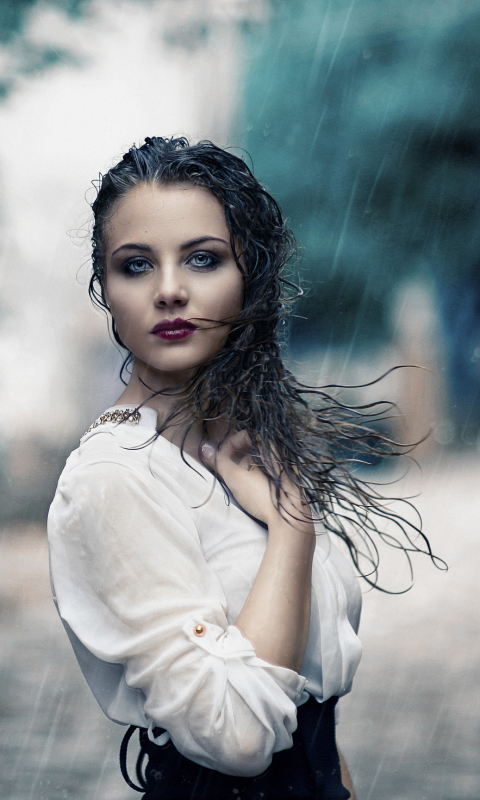 Download mobile wallpaper Rain, Mood, Brunette, Model, Women, Blue Eyes, Lipstick for free.