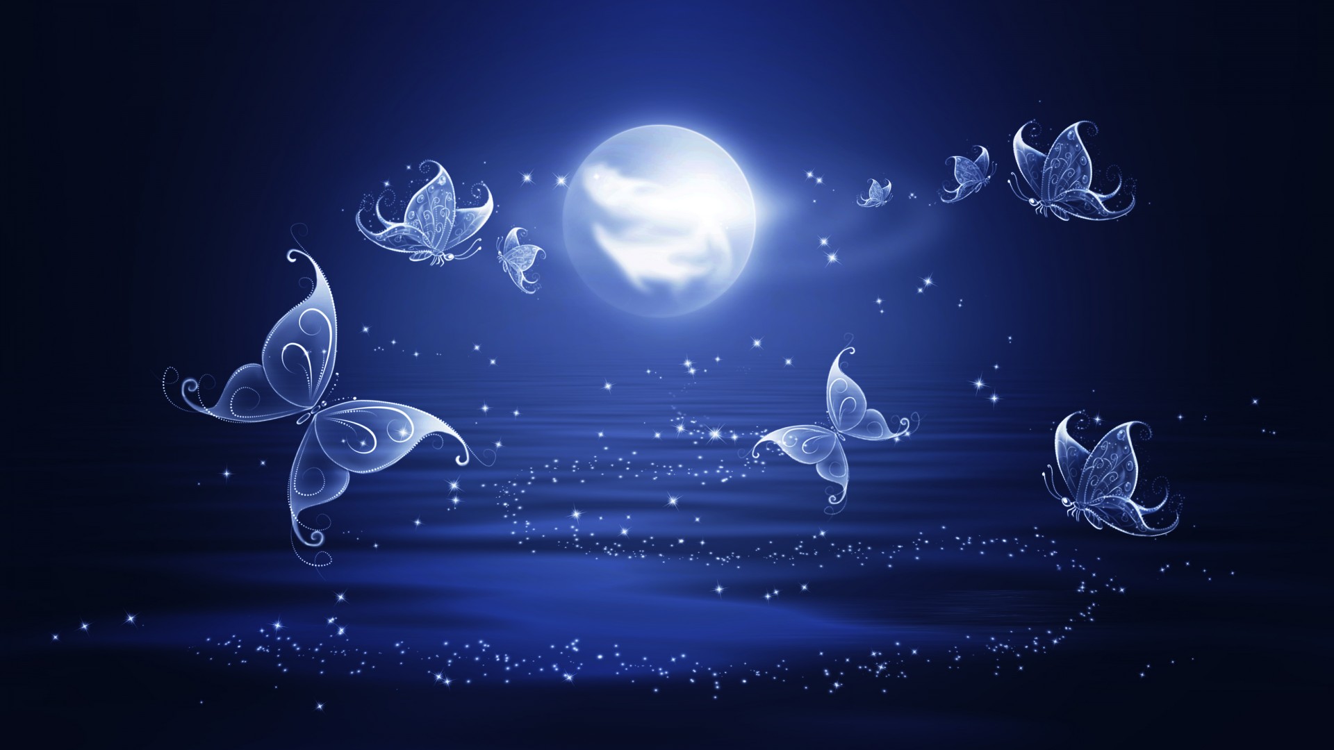 Скачать обои бесплатно Луна, Синий, Бабочка, Художественные картинка на рабочий стол ПК