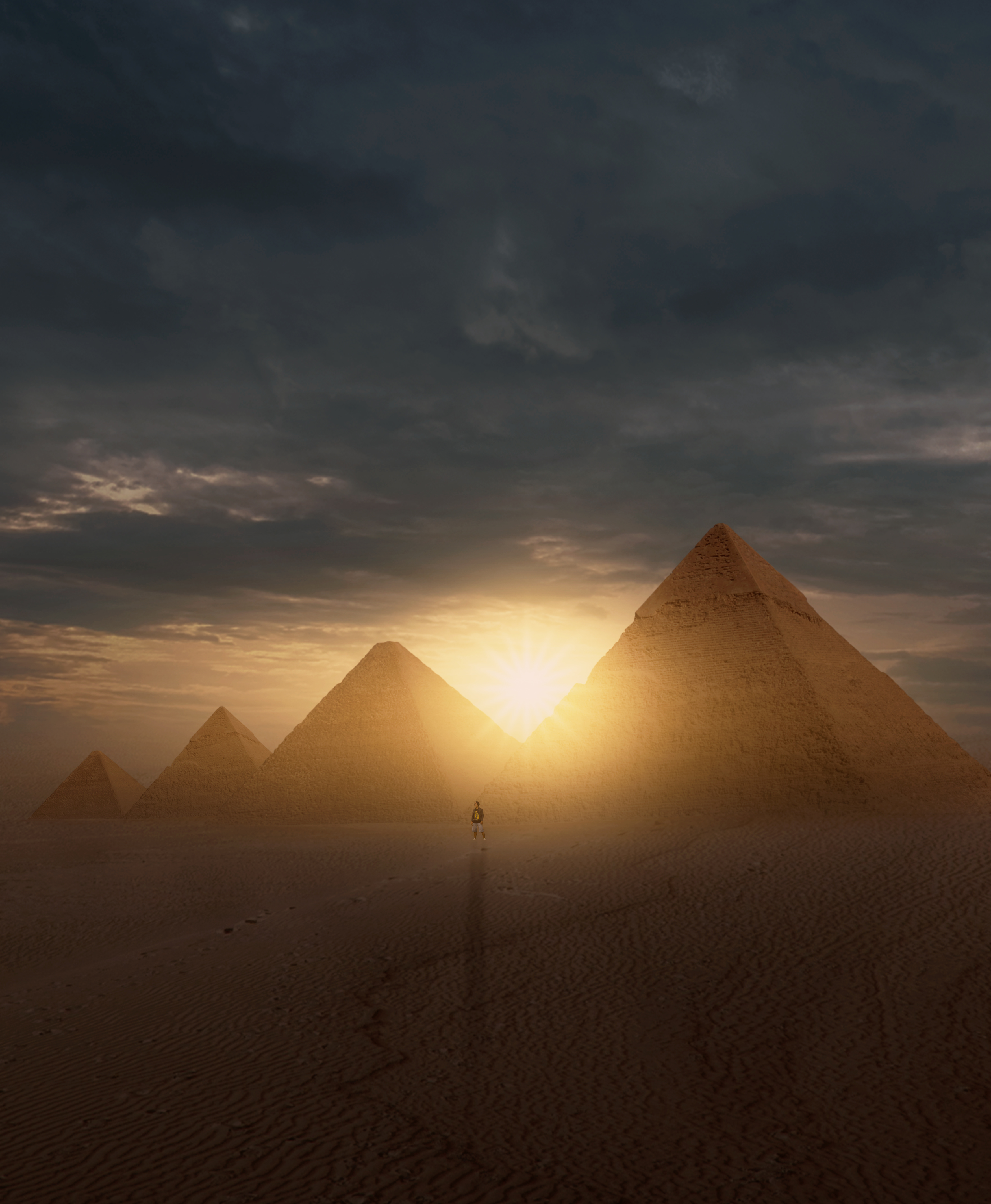 sunset, sun, desert, pyramids, silhouette, miscellanea, miscellaneous