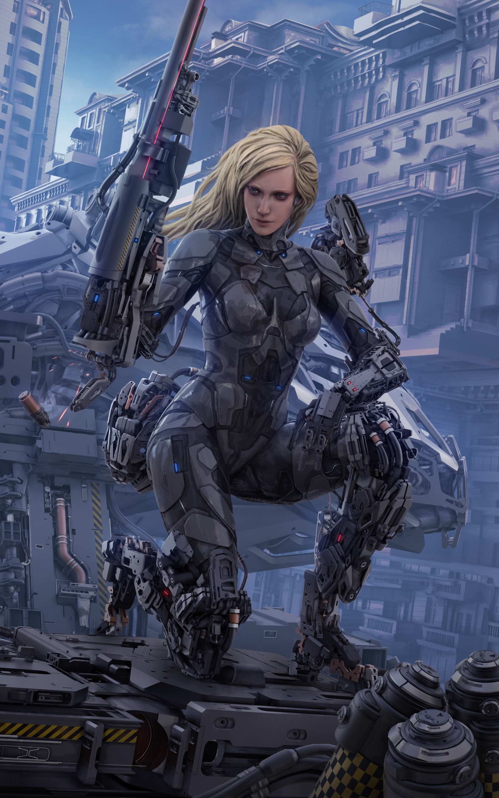 Download mobile wallpaper Weapon, Sci Fi, Blonde, Cyborg, Futuristic for free.