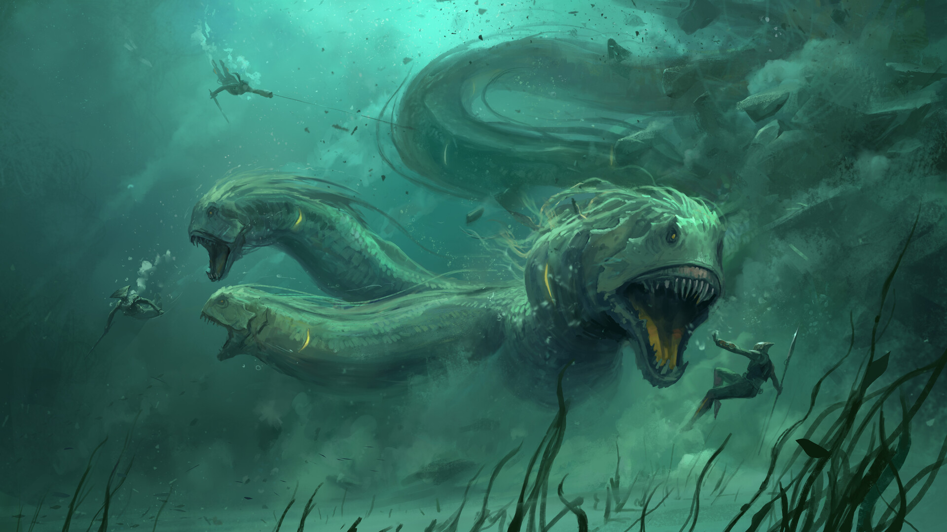 Free download wallpaper Fantasy, Warrior, Creature, Underwater, Battle, Sea Monster on your PC desktop