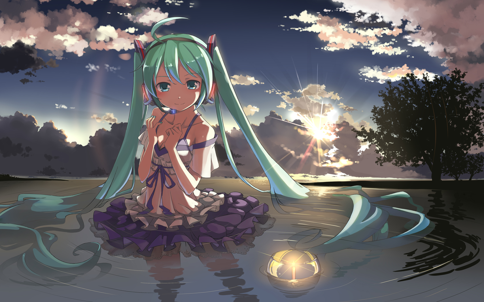Download mobile wallpaper Anime, Water, Vocaloid, Green Hair, Dress, Green Eyes, Hatsune Miku, Long Hair, Twintails for free.