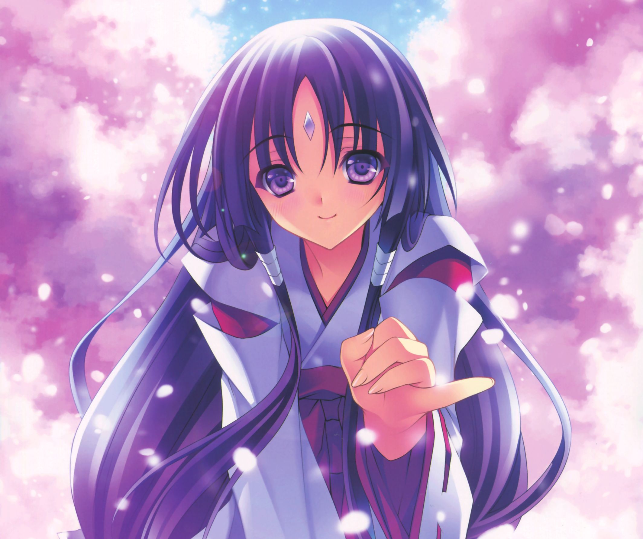 Free download wallpaper Anime, Smile, Cherry Blossom, Original, Blush, Long Hair, Purple Eyes, Purple Hair, Miko Outfit on your PC desktop