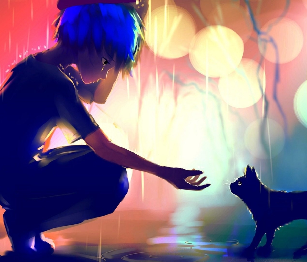 Download mobile wallpaper Anime, Rain, Cat, Original, Blue Hair for free.