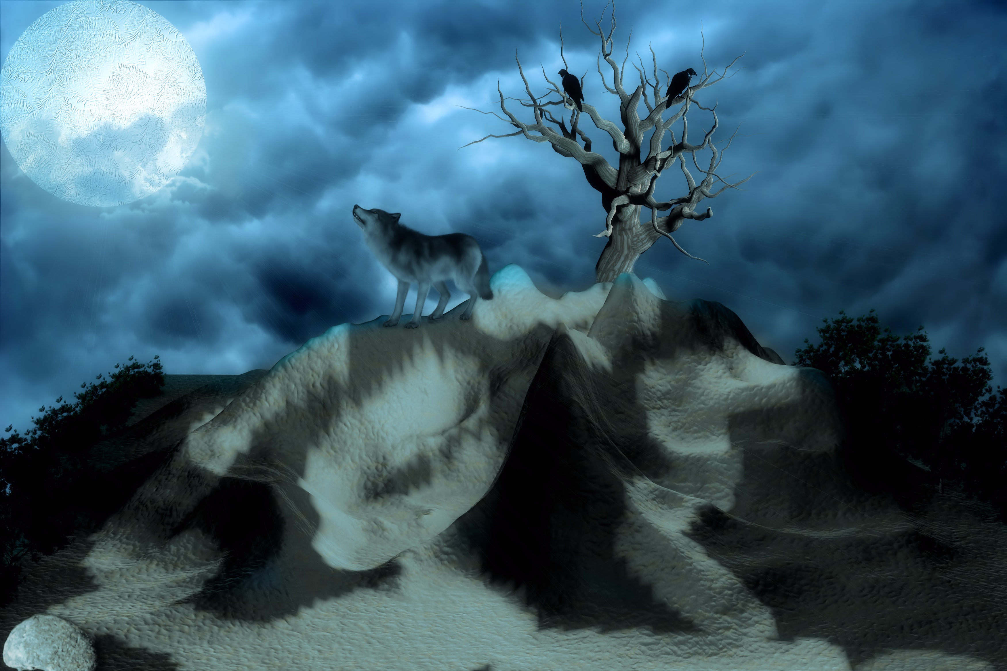 Free download wallpaper Hills, Night, Lonely, Birds, Wolf, Alone, 3D on your PC desktop