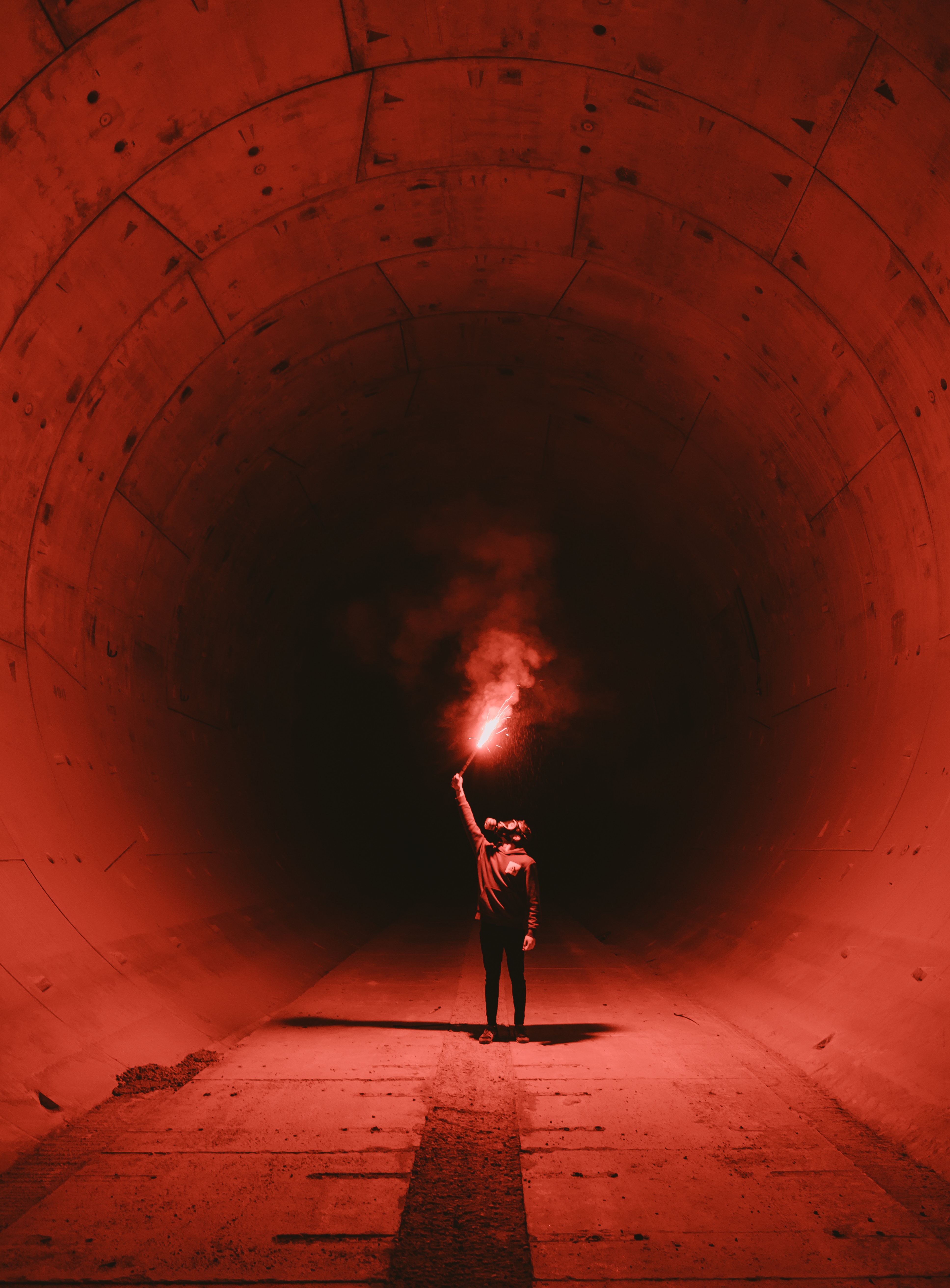 Download background tunnel, red, fire, shine, light, miscellanea, miscellaneous, mask, gas mask, human, person