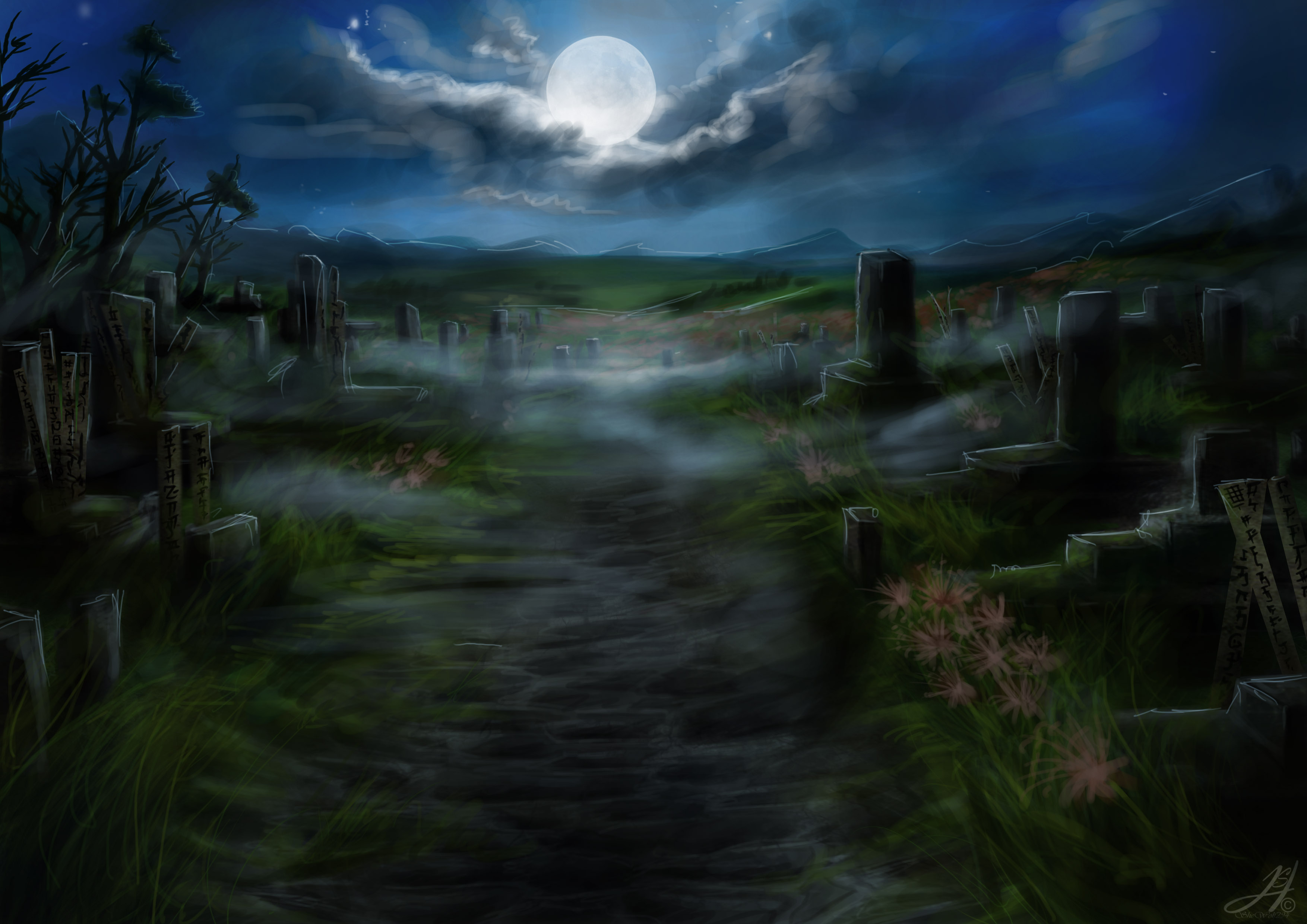 moon, graveyard, fantasy, dark, cemetery, night, tombstone