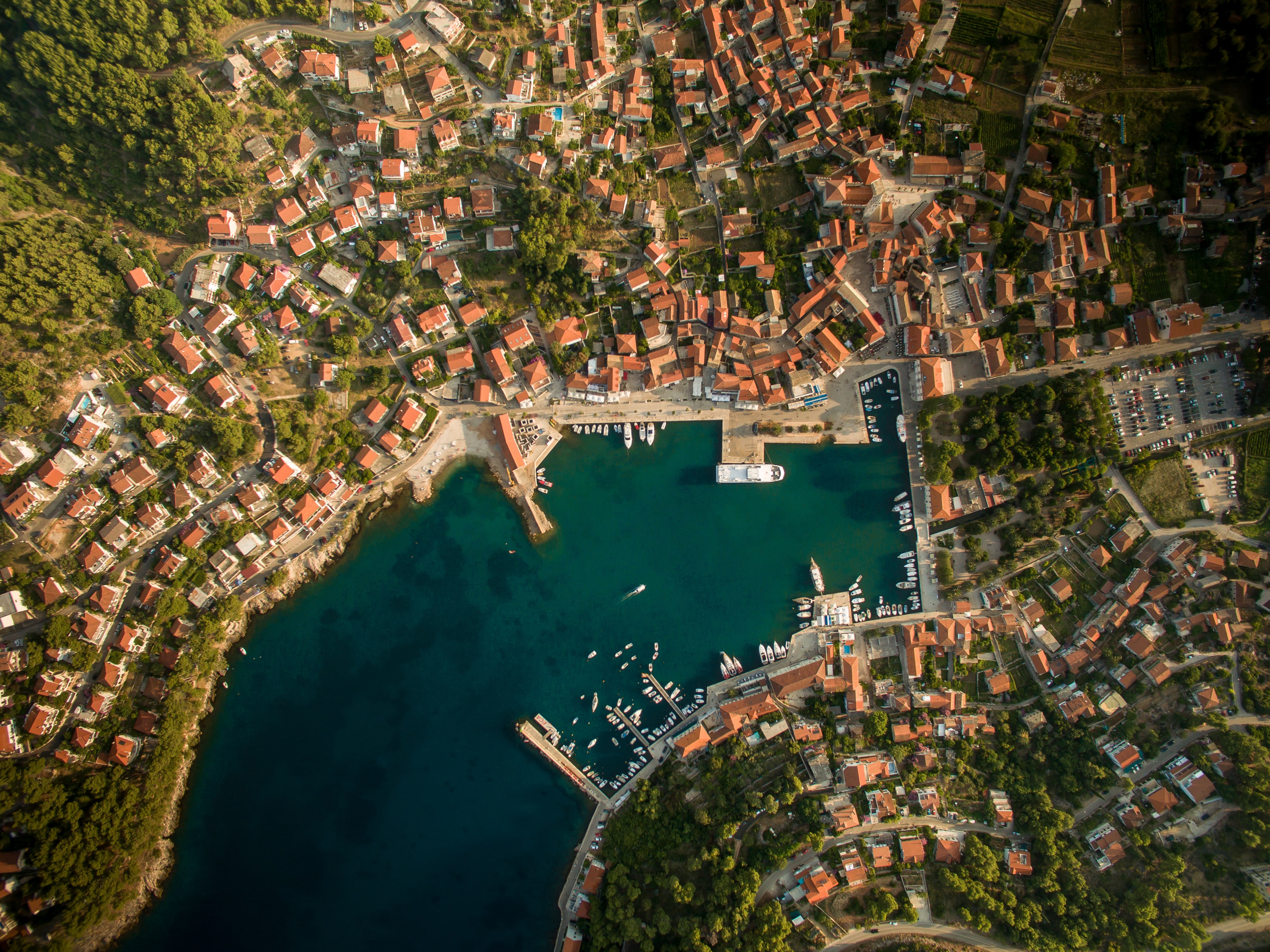 cities, roof, coast, city, view from above, port, roofs