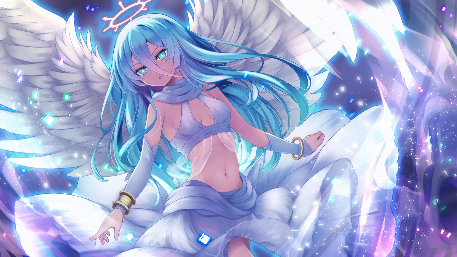 Laden Sie das Engel, Flügel, Kleid, Blaue Augen, Original, Blaue Haare, Animes-Bild kostenlos auf Ihren PC-Desktop herunter
