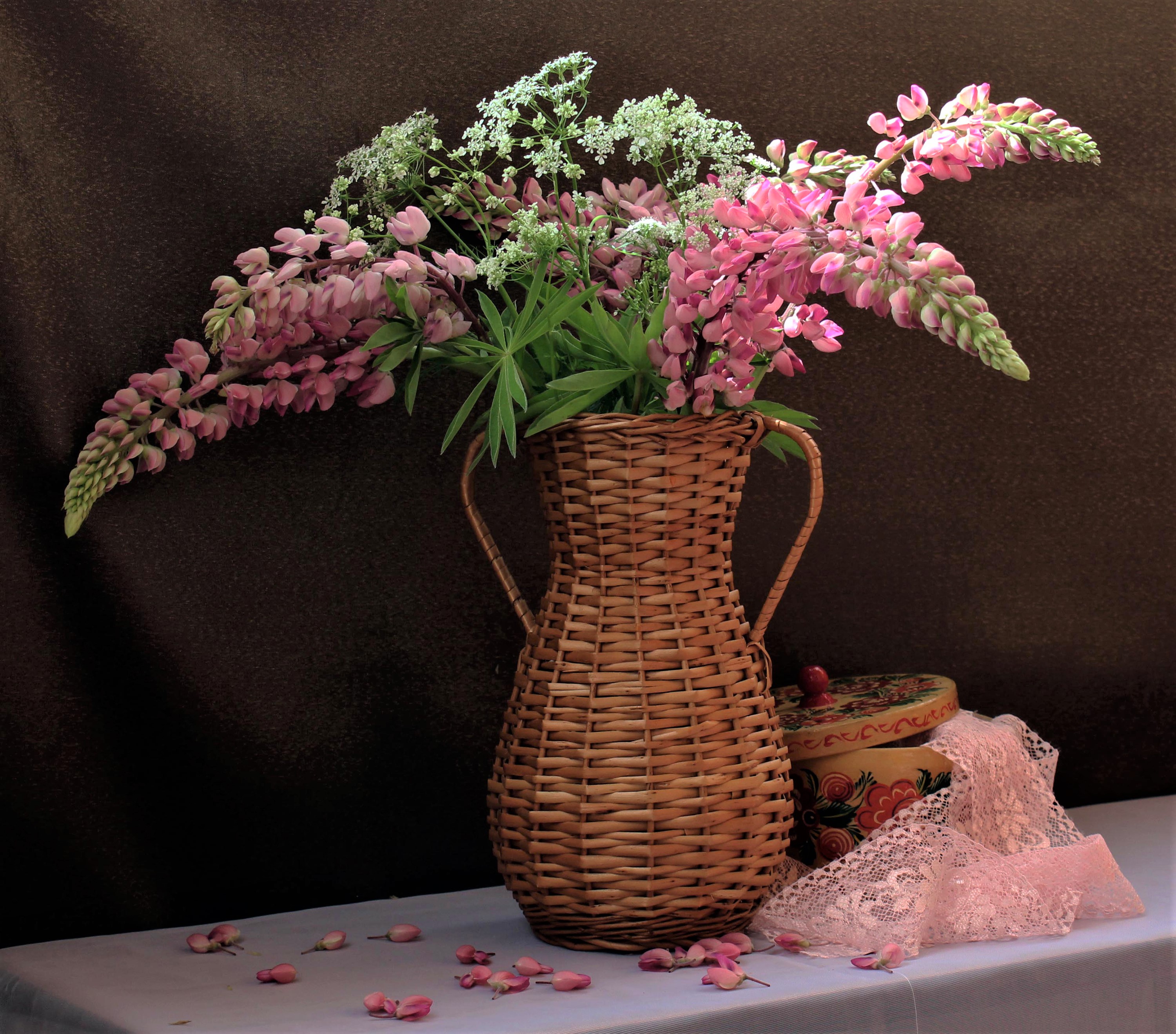 Download mobile wallpaper Still Life, Vase, Photography, Lupine, Pink Flower for free.