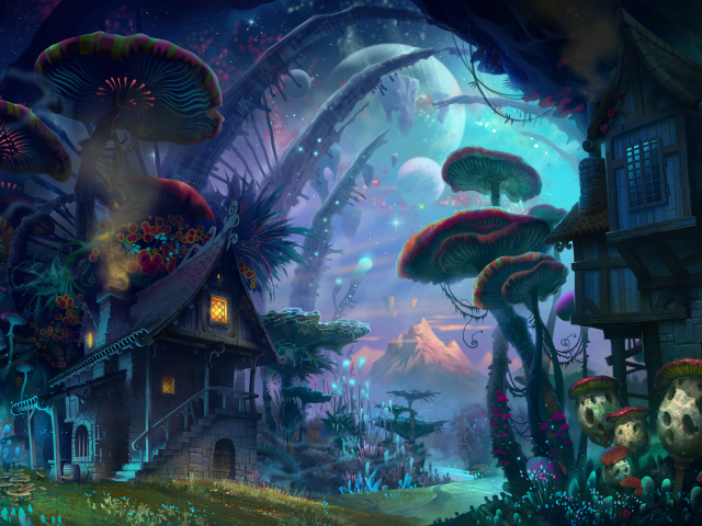 Free download wallpaper Fantasy, Moon, Flower, House, Mushroom on your PC desktop