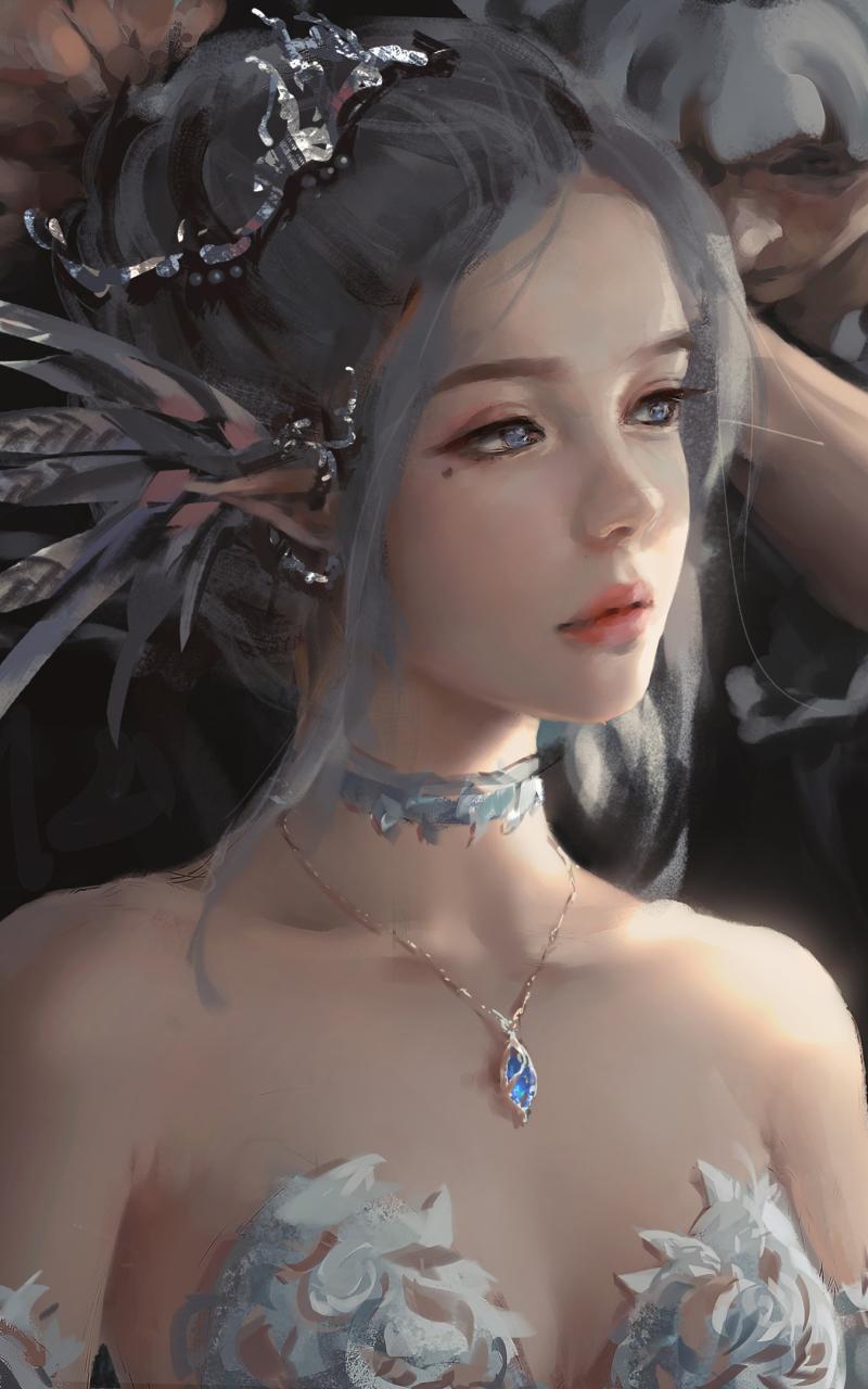 Download mobile wallpaper Fantasy, Elf, Blue Eyes, Necklace, Pointed Ears, Grey Hair for free.