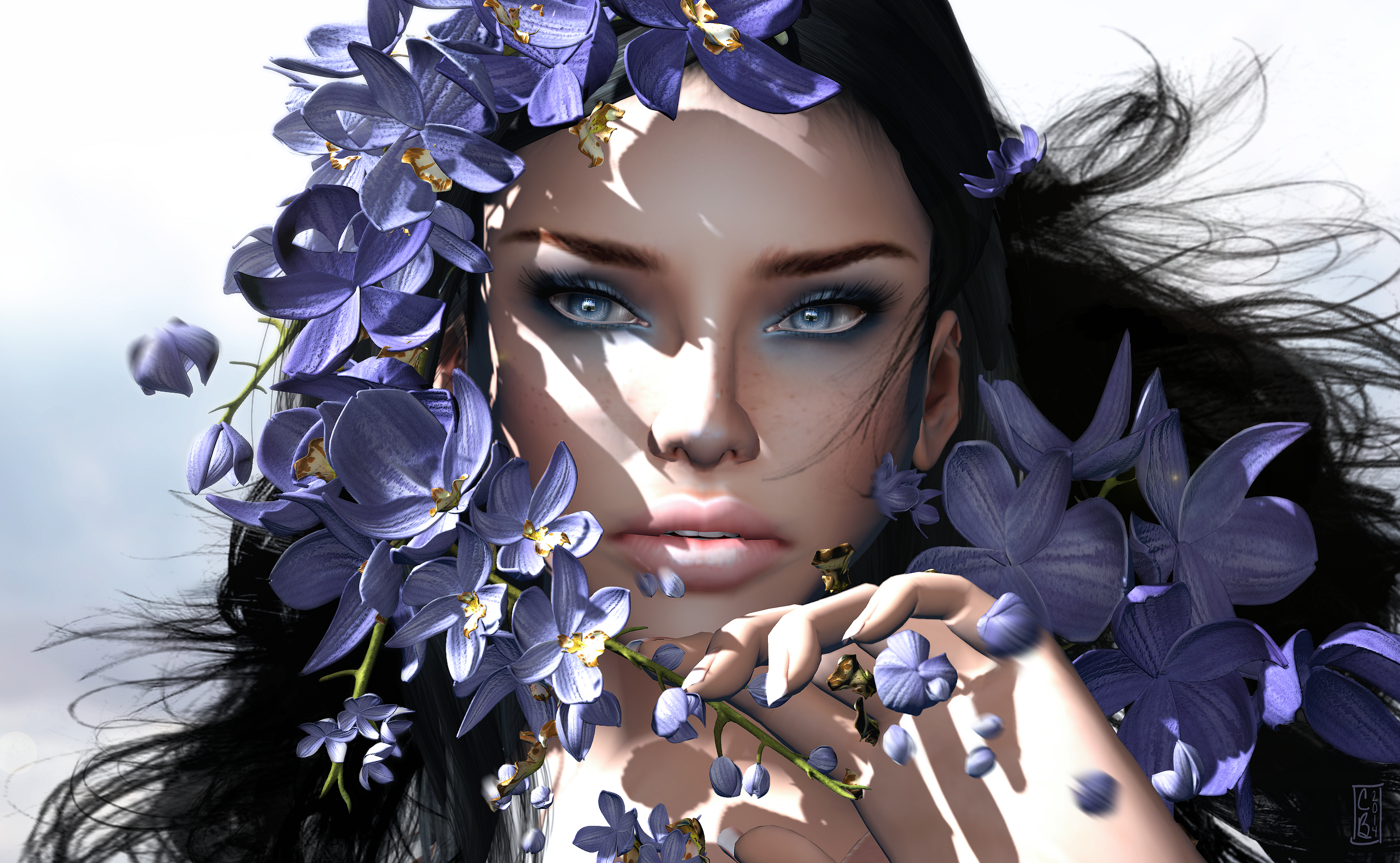 Free download wallpaper Fantasy, Flower, Brunette, Women, Blue Eyes on your PC desktop