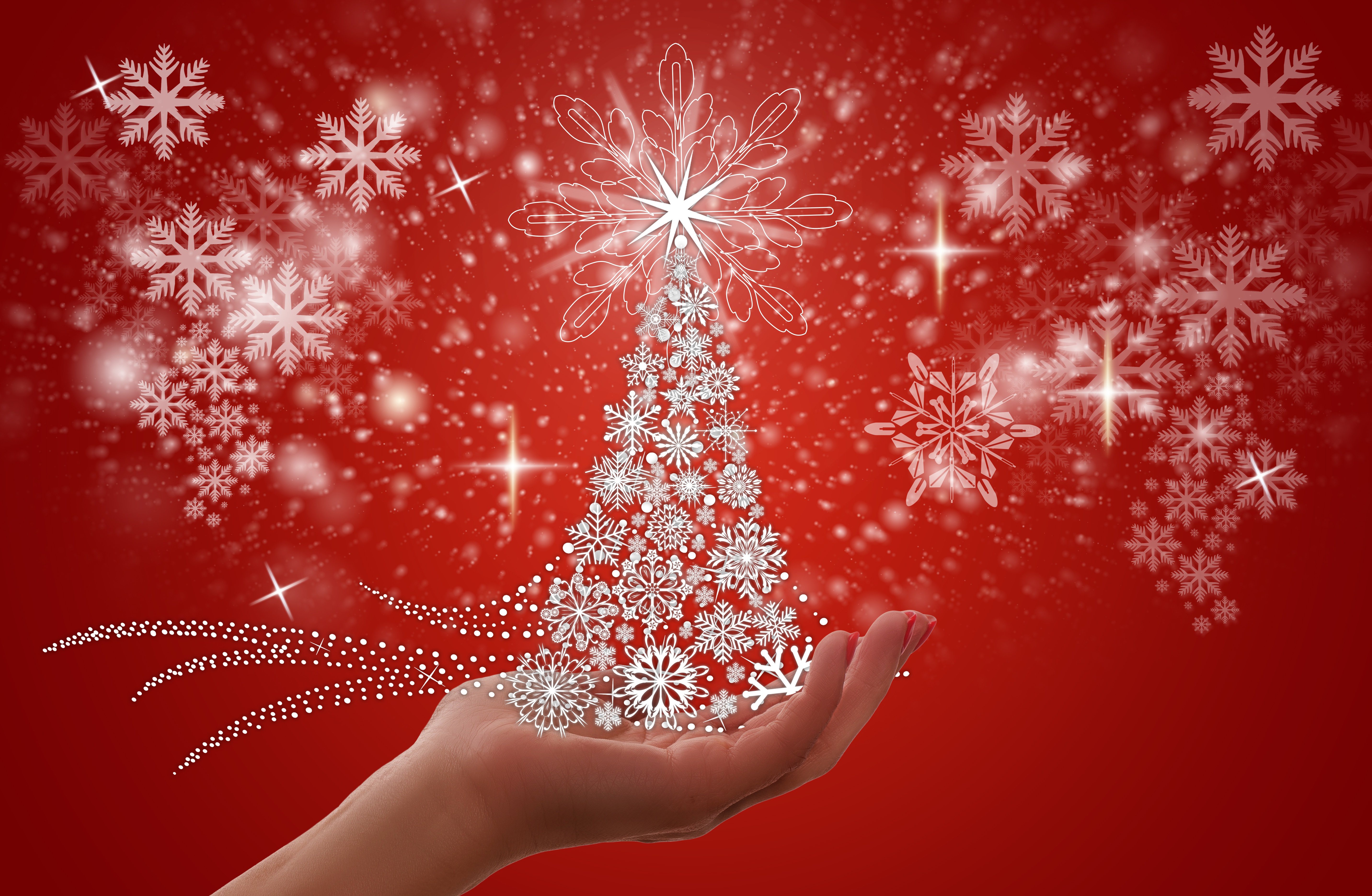 無料モバイル壁紙クリスマス, 手, クリスマスツリー, スノーフレーク, ホリデーをダウンロードします。
