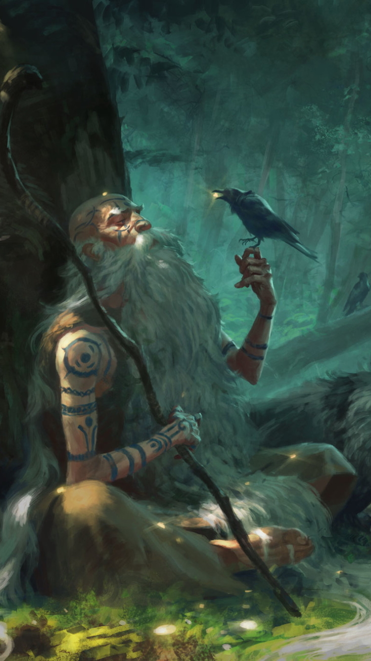 Download mobile wallpaper Fantasy, Forest, Wolf, Tattoo, Beard, Crow, Shaman, Staff for free.
