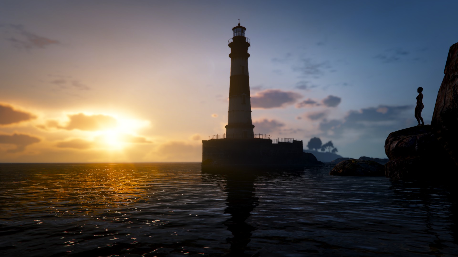 Download mobile wallpaper Sky, Sea, Sun, Evening, Lighthouse, Video Game, Grand Theft Auto, Grand Theft Auto V for free.