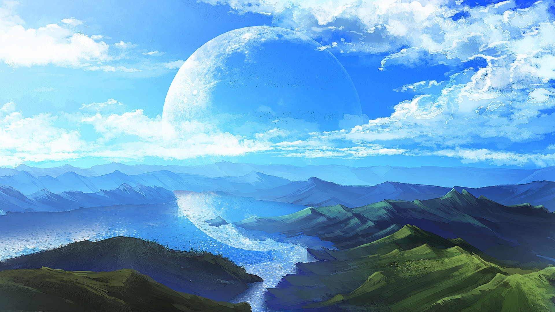 Download mobile wallpaper Anime, Landscape, Sky, Mountain, Lake, Cloud for free.