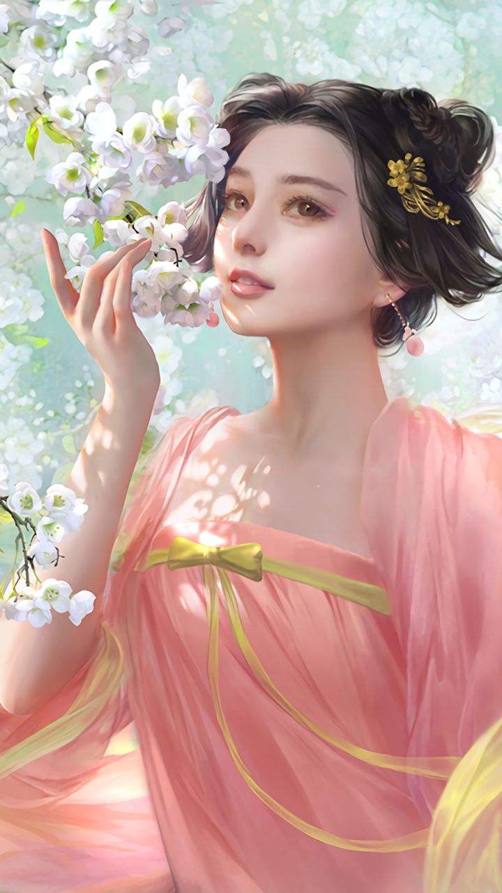 Download mobile wallpaper Fantasy, Pink, Women, White Flower, Blossom, Asian for free.