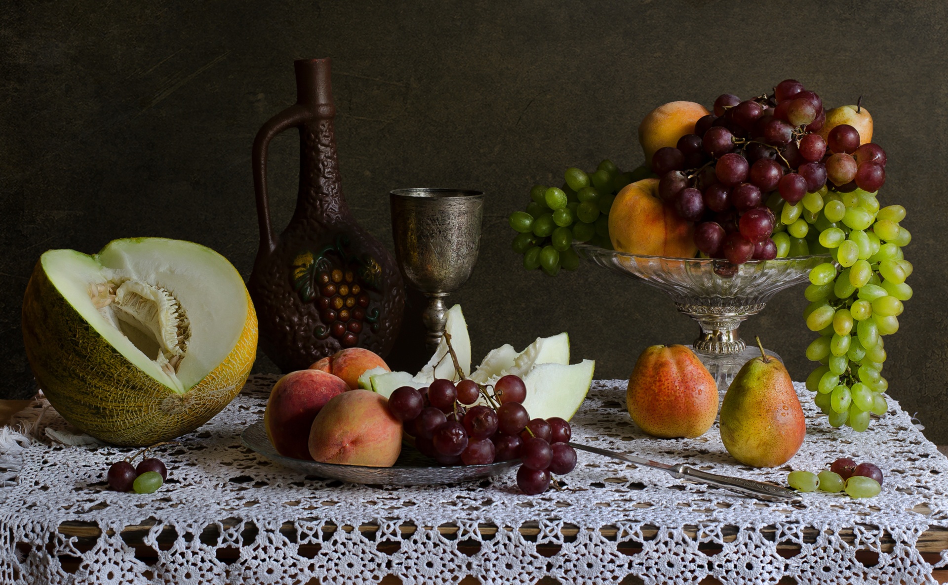 Download mobile wallpaper Grapes, Still Life, Fruit, Photography, Peach, Pear, Melon for free.