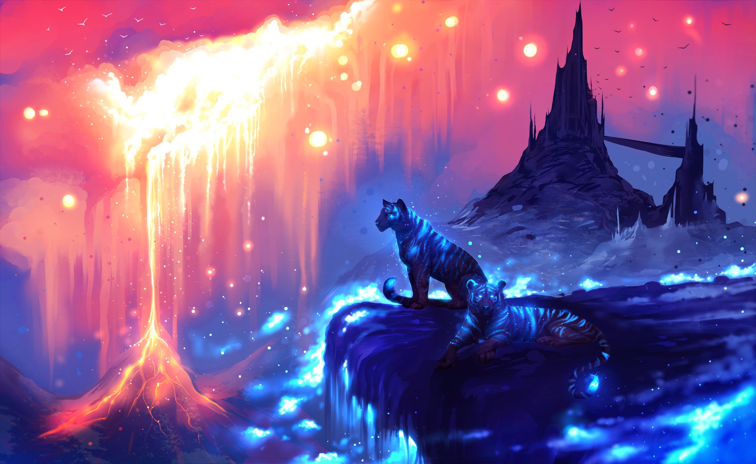 Free download wallpaper Fantasy, Light, Tiger, Lava, Castle, Fantasy Animals on your PC desktop