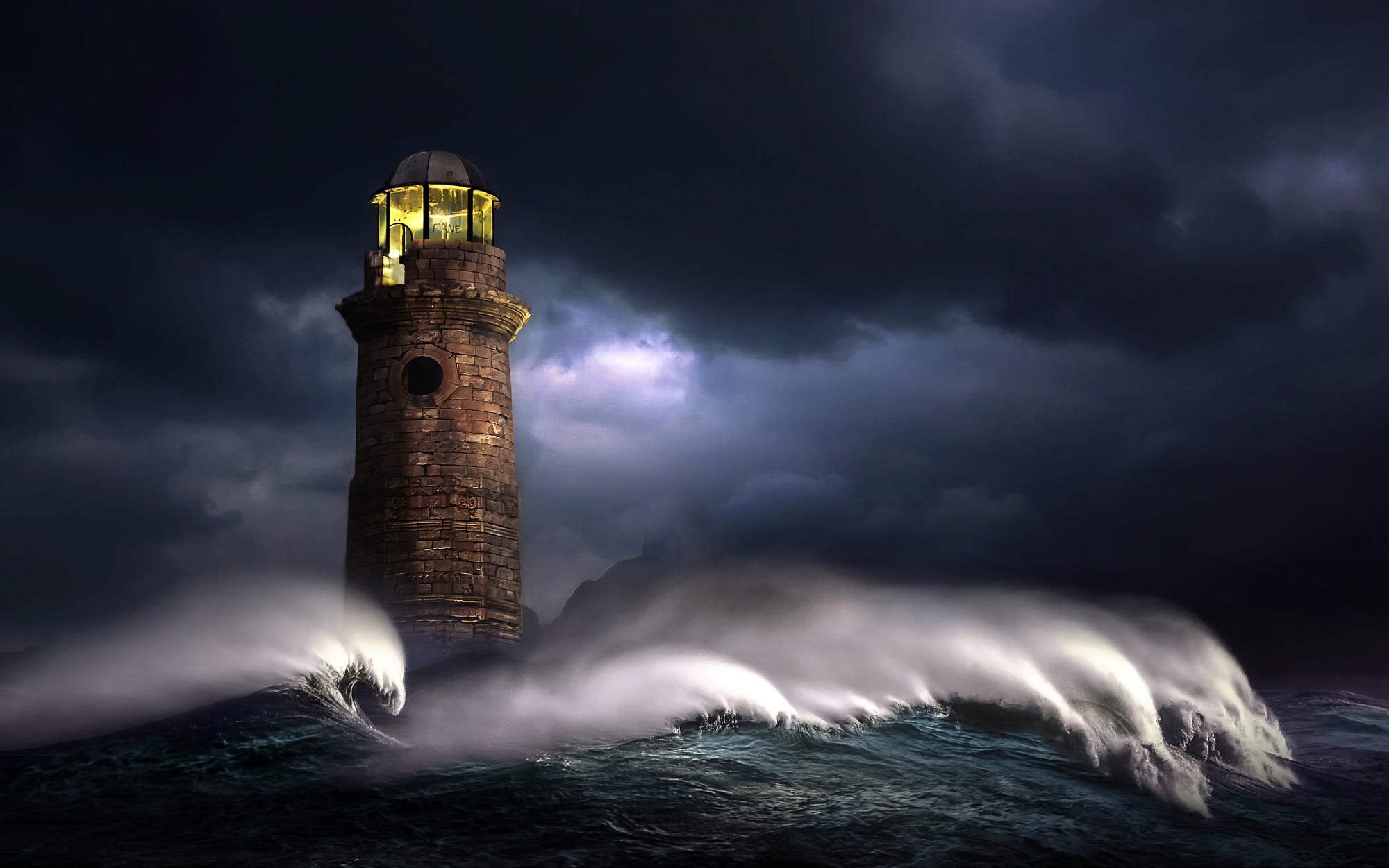 Download mobile wallpaper Sea, Ocean, Lighthouse, Storm, Wave, Brick, Man Made for free.
