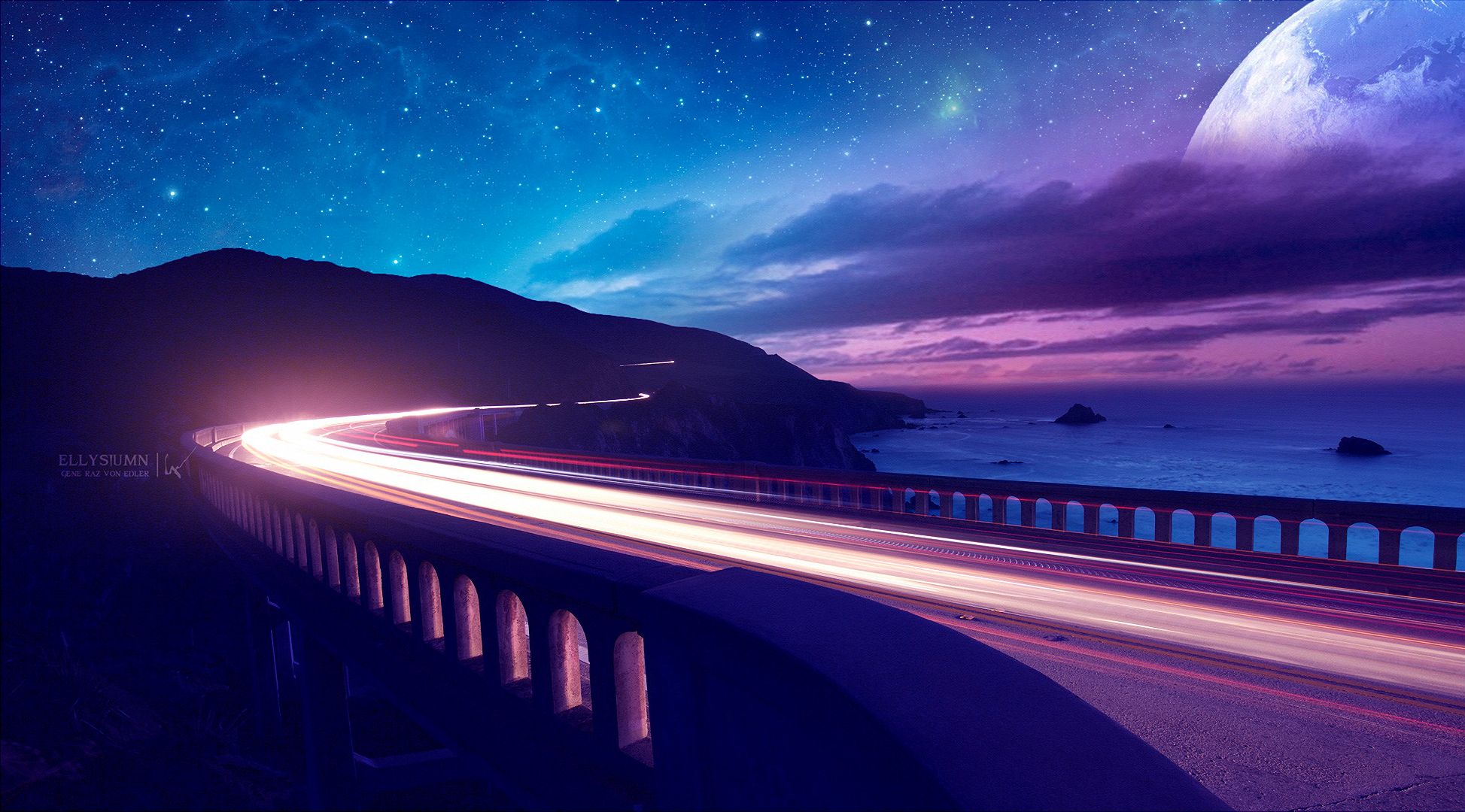Download mobile wallpaper Fantasy, Sunset, Sea, Night, Moon, Road, Ocean, Planet, Artistic, Star, Time Lapse for free.