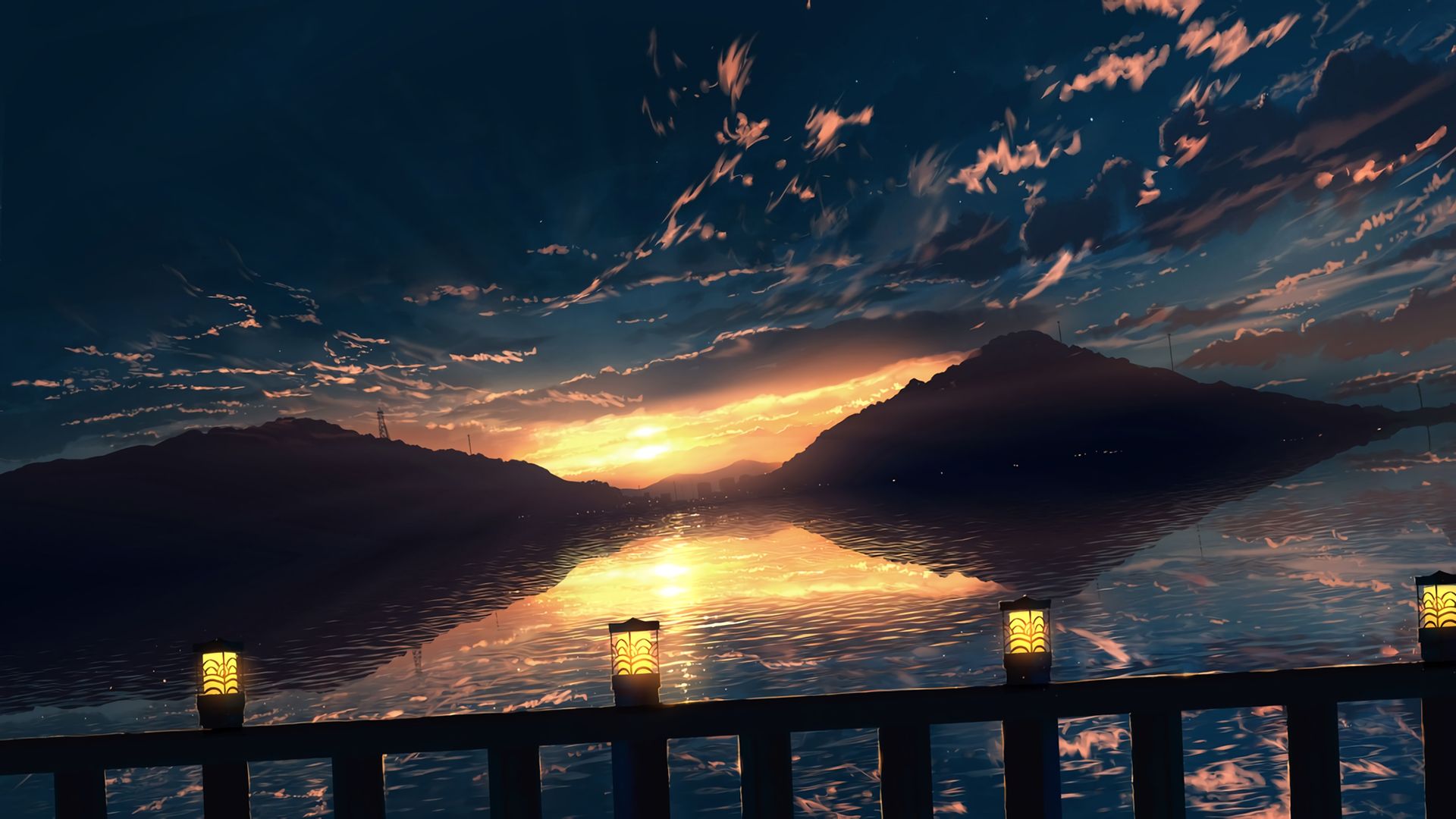 Download mobile wallpaper Anime, Water, Sunset, Hill, Cloud for free.