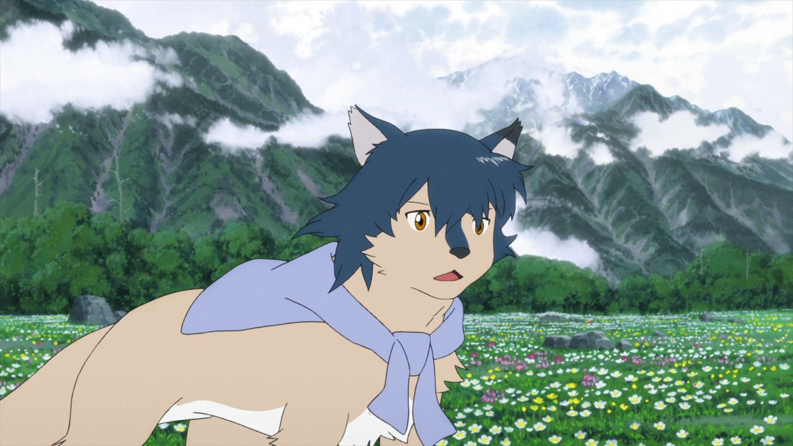 anime, wolf children, ame (wolf children), cloud, flower, forest, landscape, mountain