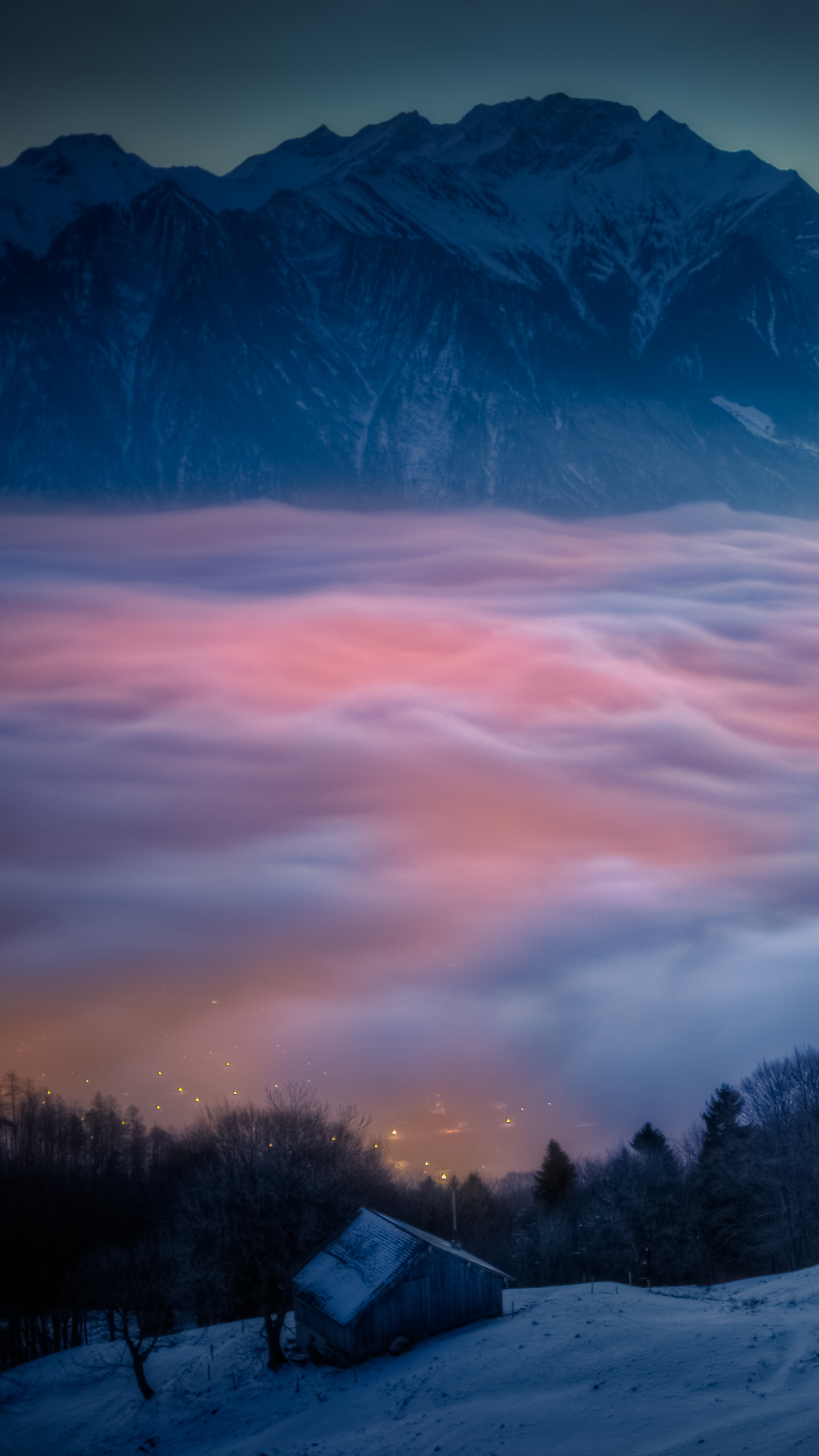 Handy-Wallpaper Landschaft, Winter, Berg, Abend, Gebirge, Wolke, Fotografie kostenlos herunterladen.