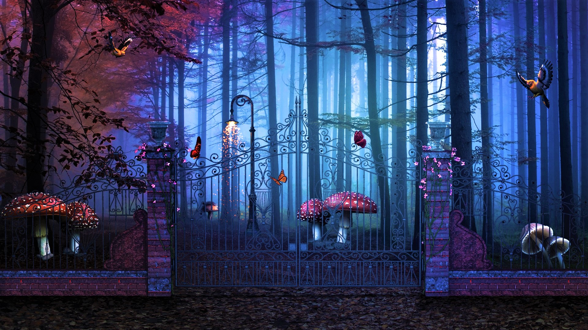 Download mobile wallpaper Flower, Bird, Forest, Tree, Butterfly, Mushroom, Artistic, Gate, Magical for free.