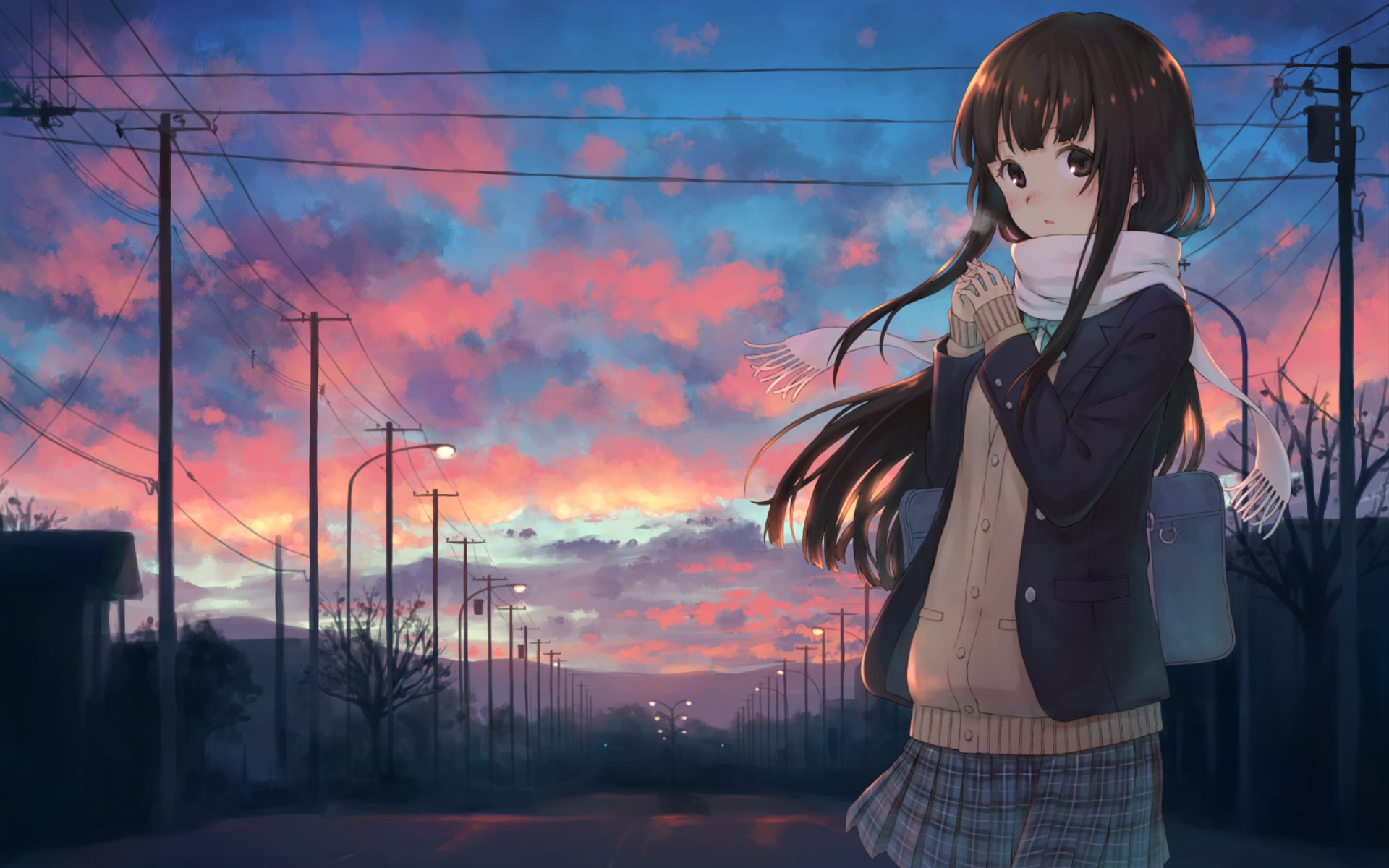 Download mobile wallpaper Anime, Sunset, Sky, Girl for free.