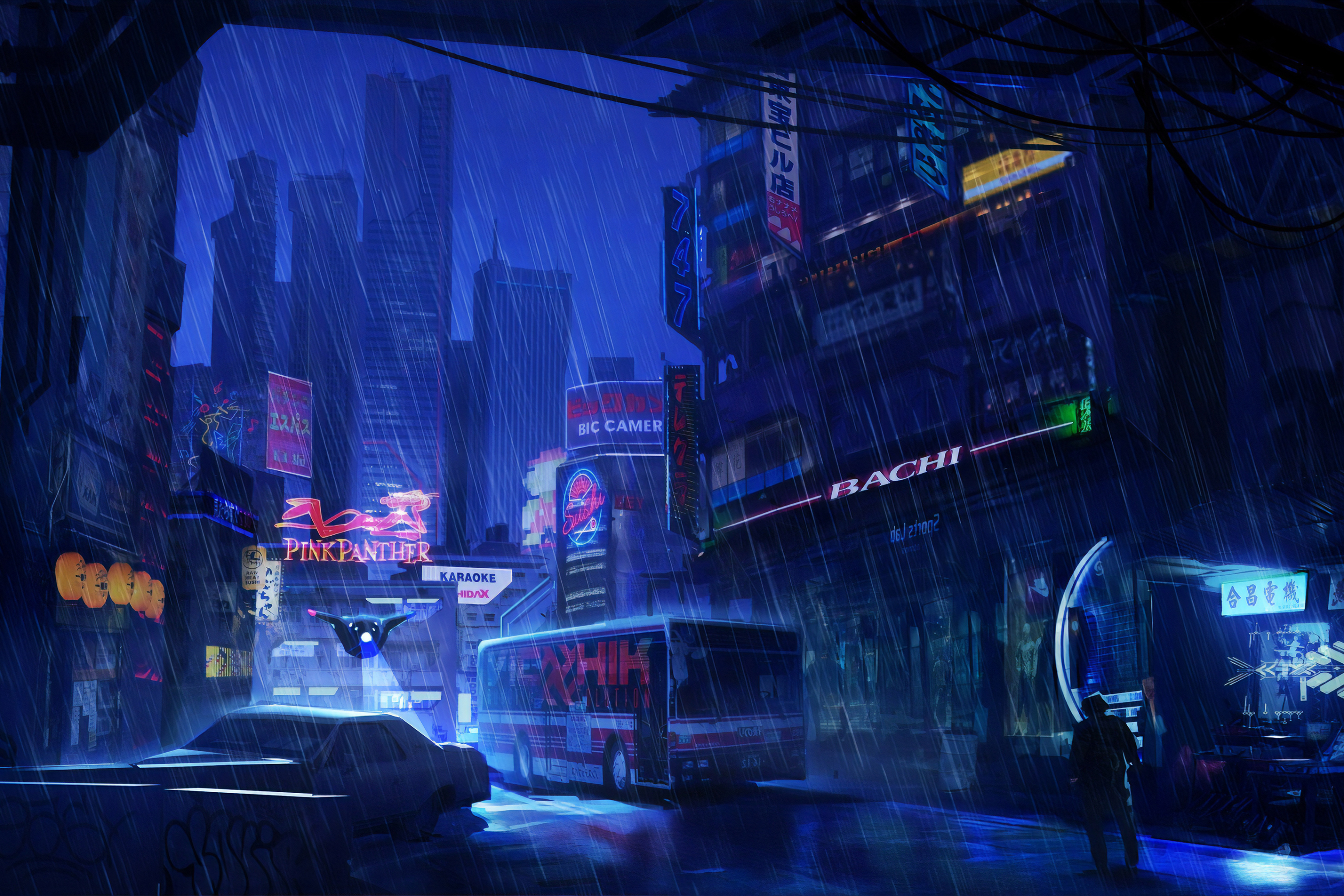 Скачать обои бесплатно Дождь, Ночь, Город, Киберпанк, Научная Фантастика картинка на рабочий стол ПК
