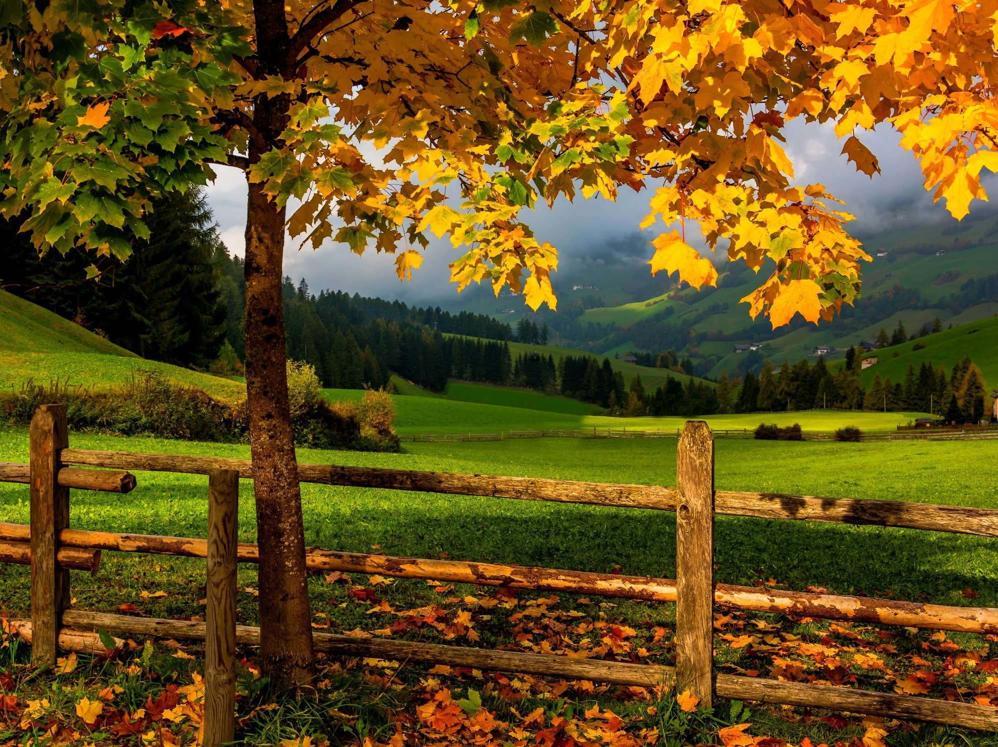 PCデスクトップに風景, 秋, 山, フェンス, マンメイド画像を無料でダウンロード