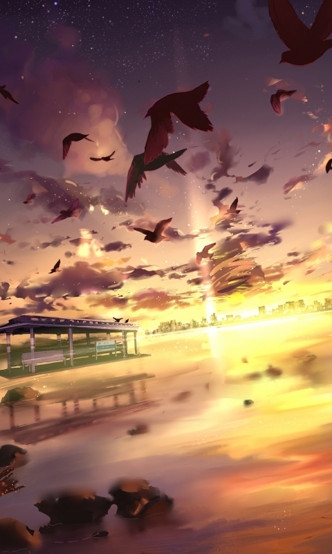 Download mobile wallpaper Anime, Landscape, Water, Sky, Bird, Cloud, Original for free.