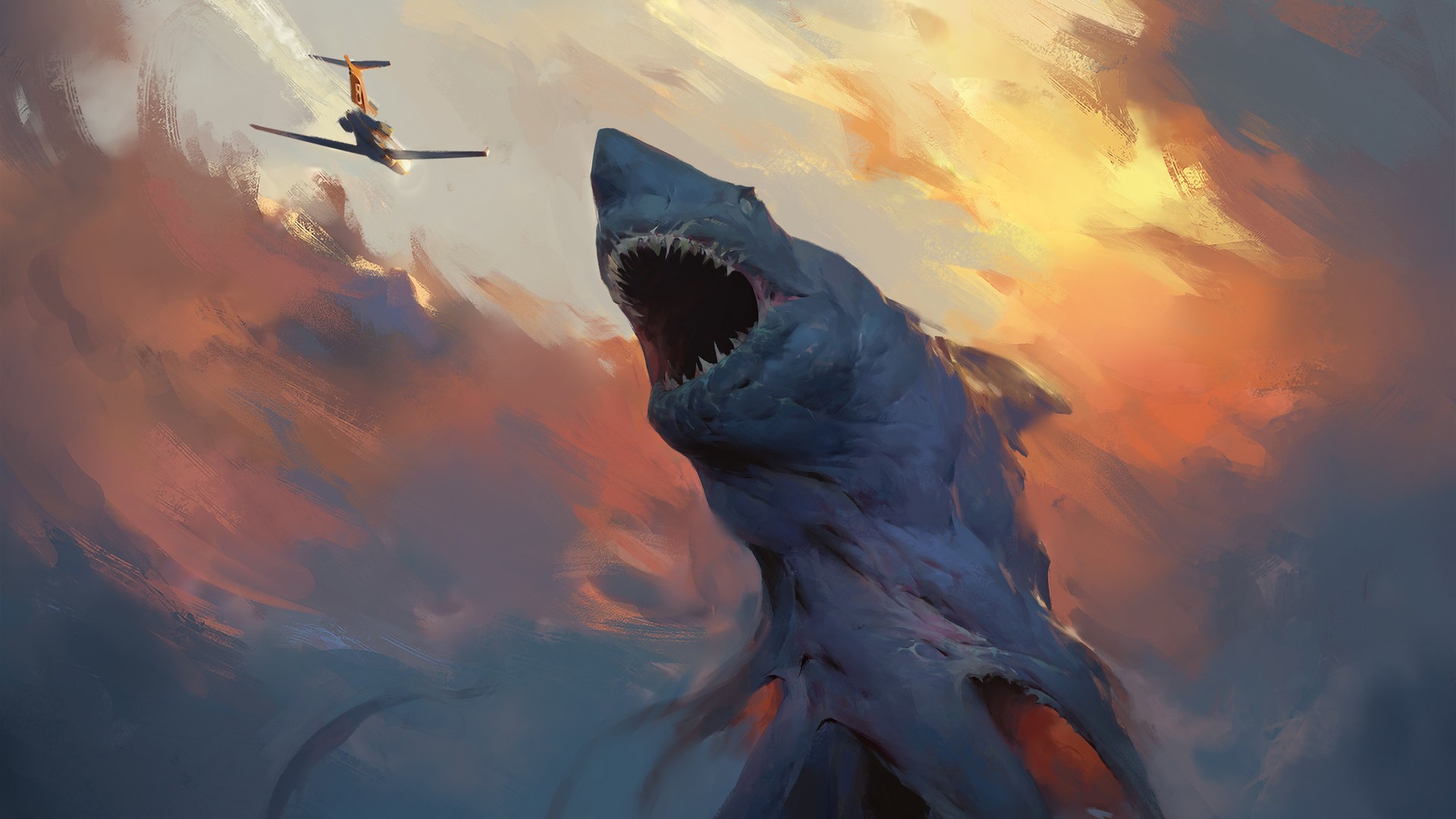 Free download wallpaper Fantasy, Creature, Cloud, Aircraft, Shark on your PC desktop