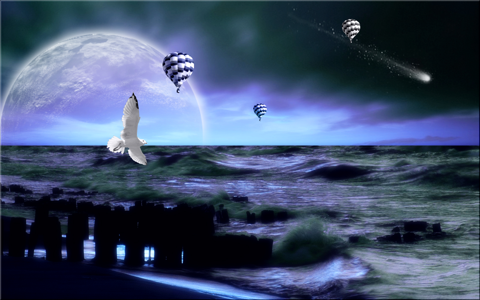 Free download wallpaper Fantasy, Sea, Ocean, Seagull, Planet, Artistic, Hot Air Balloon on your PC desktop