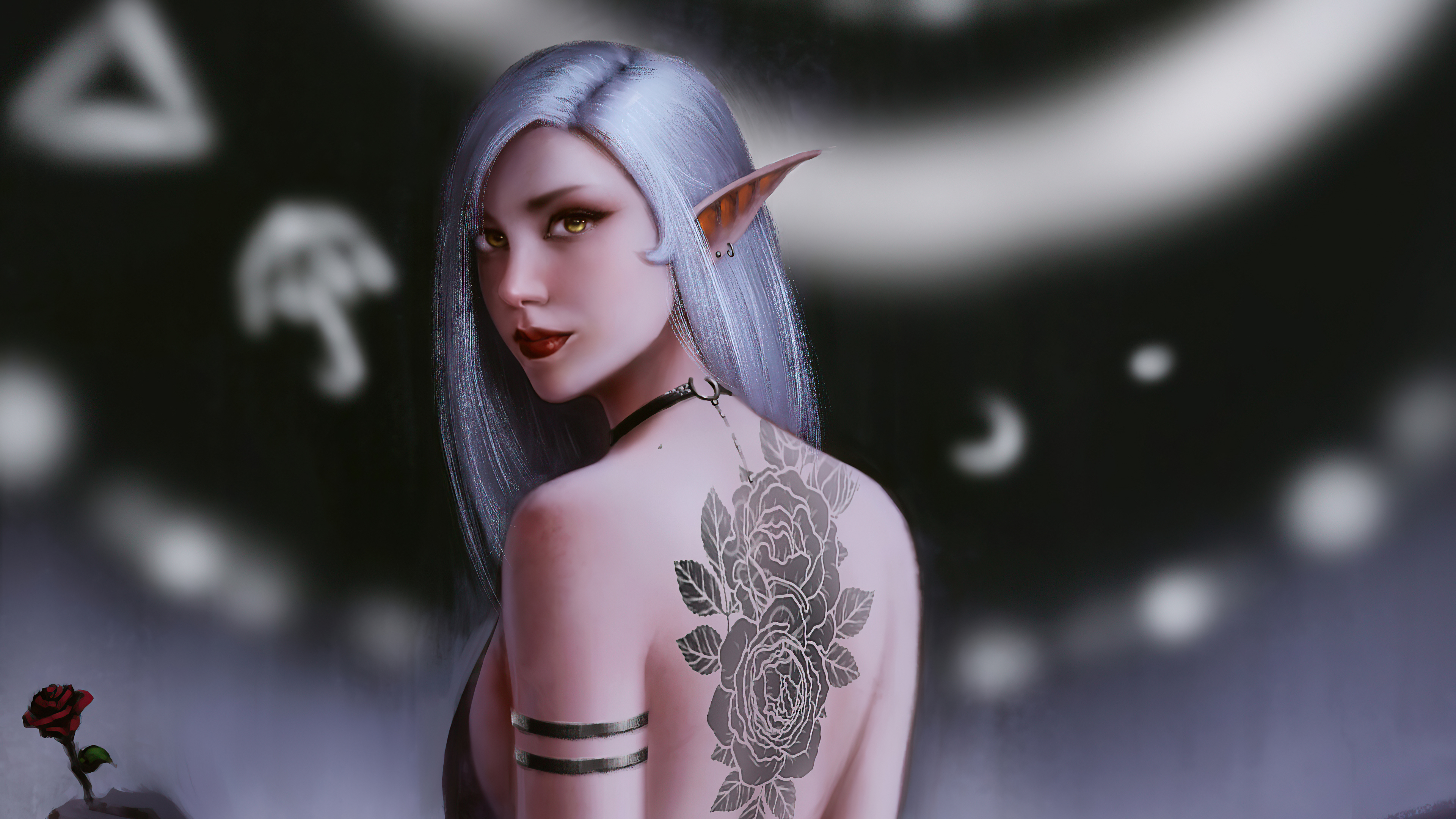 Free download wallpaper Fantasy, Tattoo, Elf, Pointed Ears, White Hair, Lipstick on your PC desktop