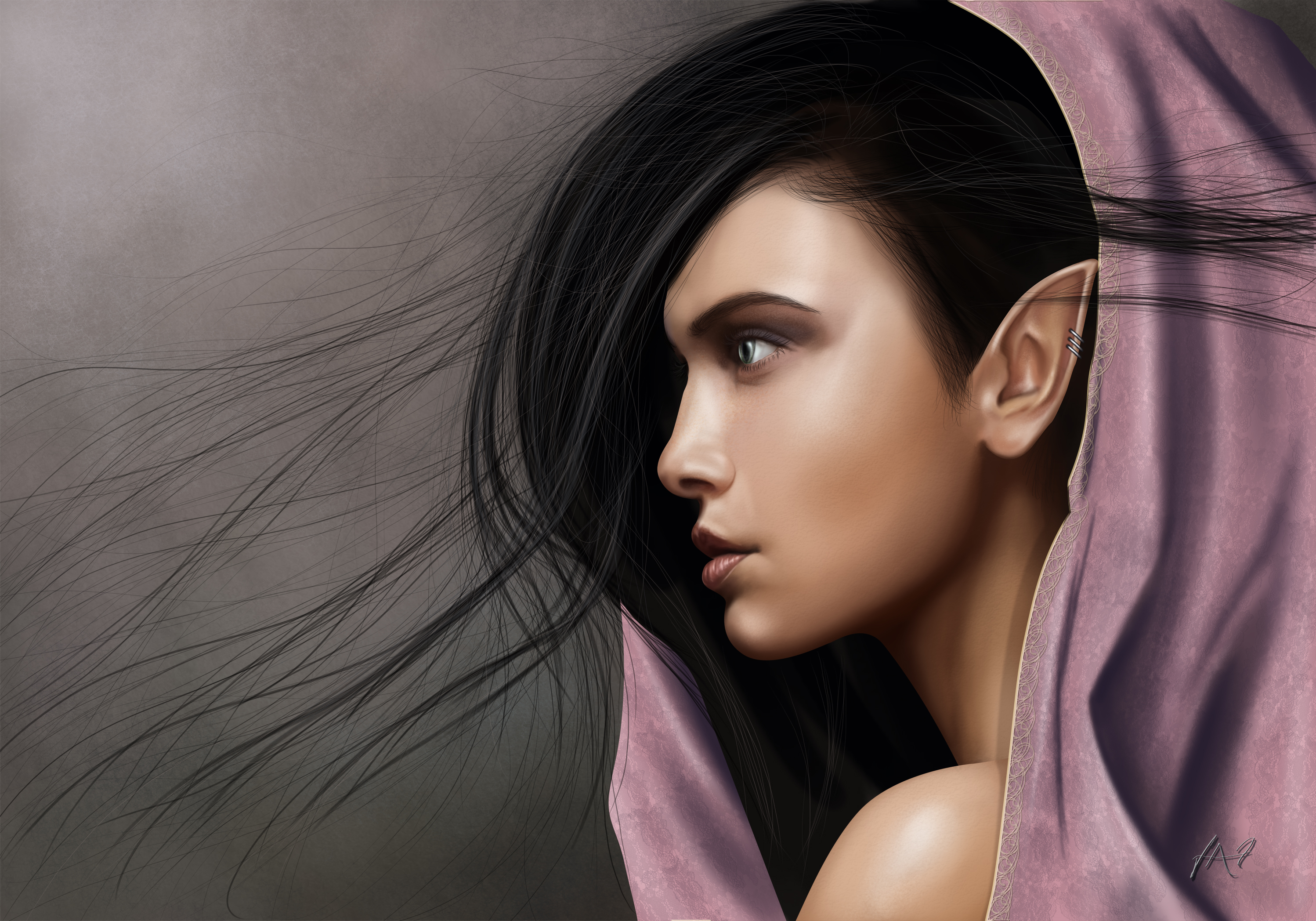 Download mobile wallpaper Fantasy, Face, Elf, Black Hair, Pointed Ears for free.