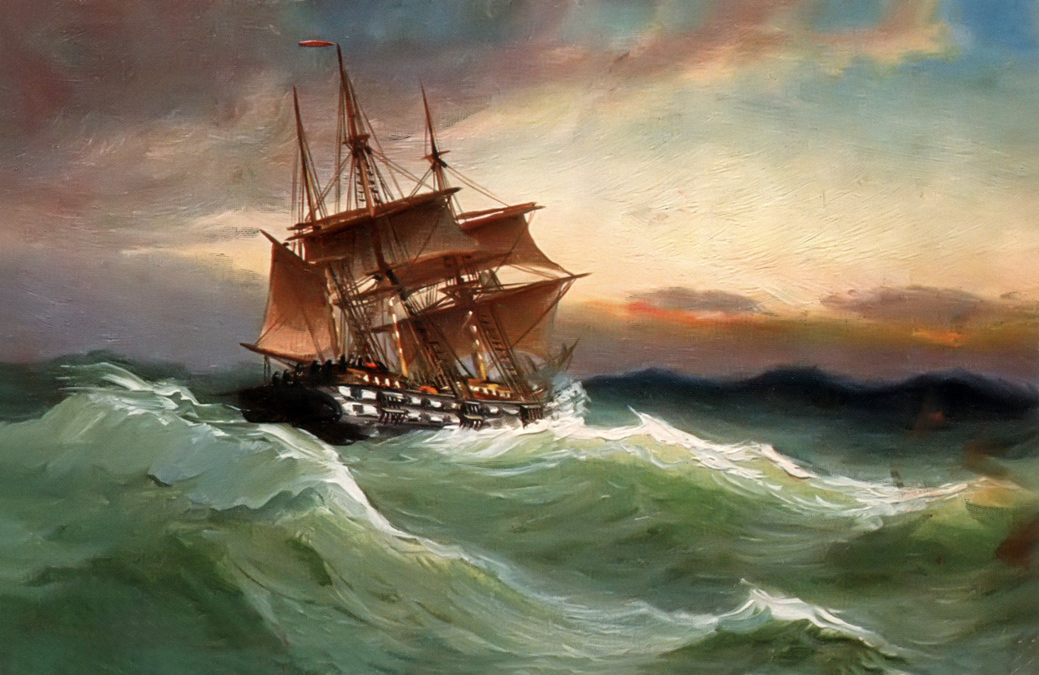 736688 скачать обои море, художественные, корабль, парусное судно, картина, буря, волна - заставки и картинки бесплатно