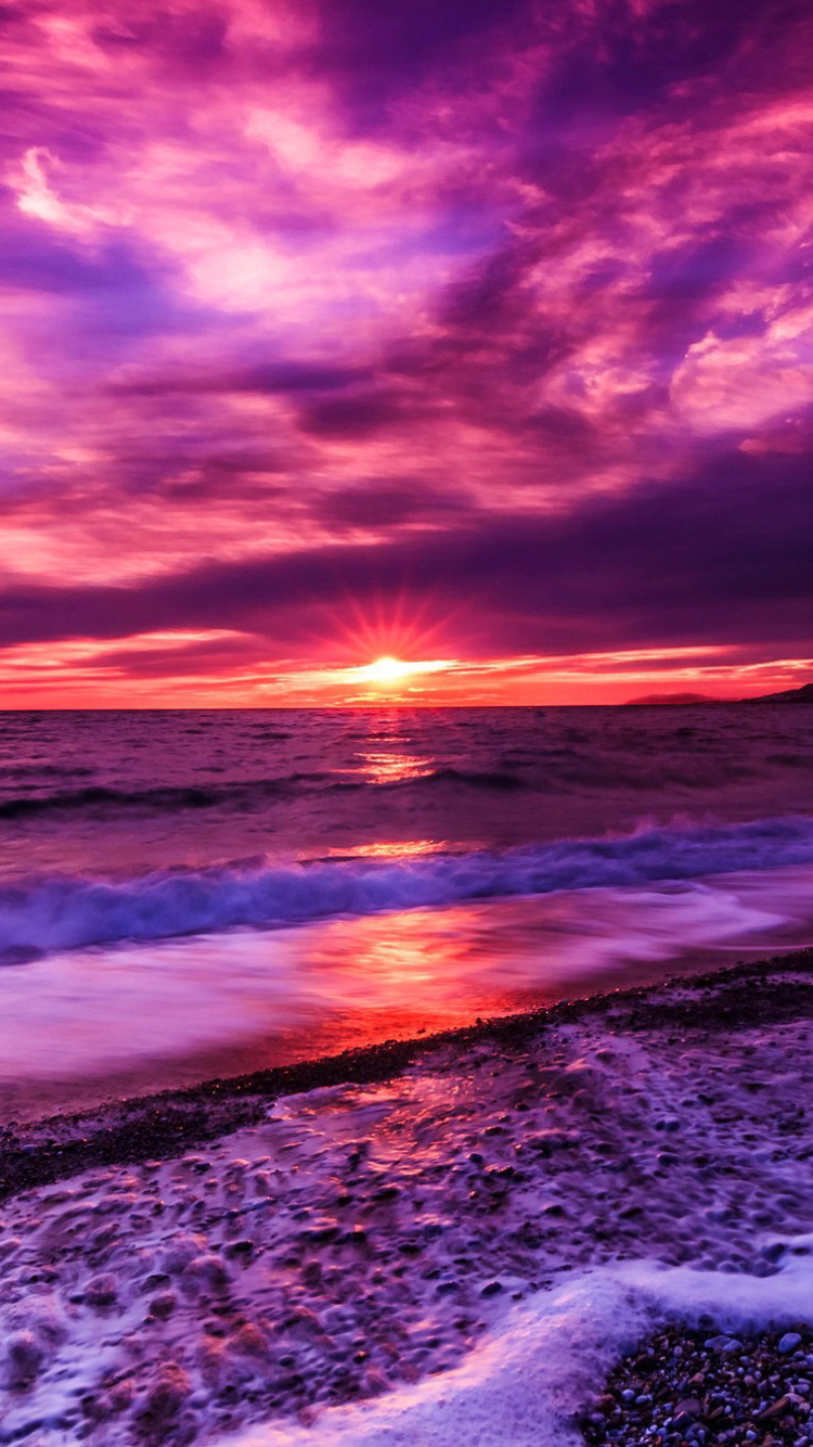 Скачать картинку Море, Пляж, Горизонт, Океан, Пурпурный, Земля/природа, Закат Солнца в телефон бесплатно.
