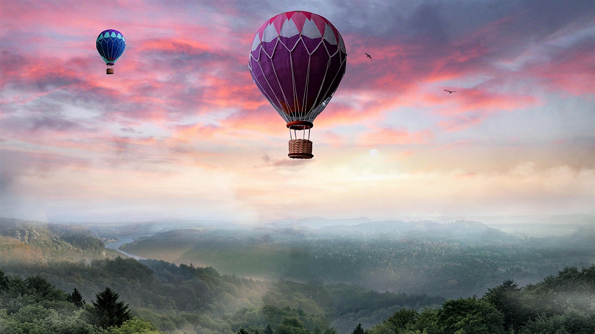 Handy-Wallpaper Landschaft, Wald, Wolke, Himmel, Sonnenuntergang, Fahrzeuge, Heißluftballon kostenlos herunterladen.