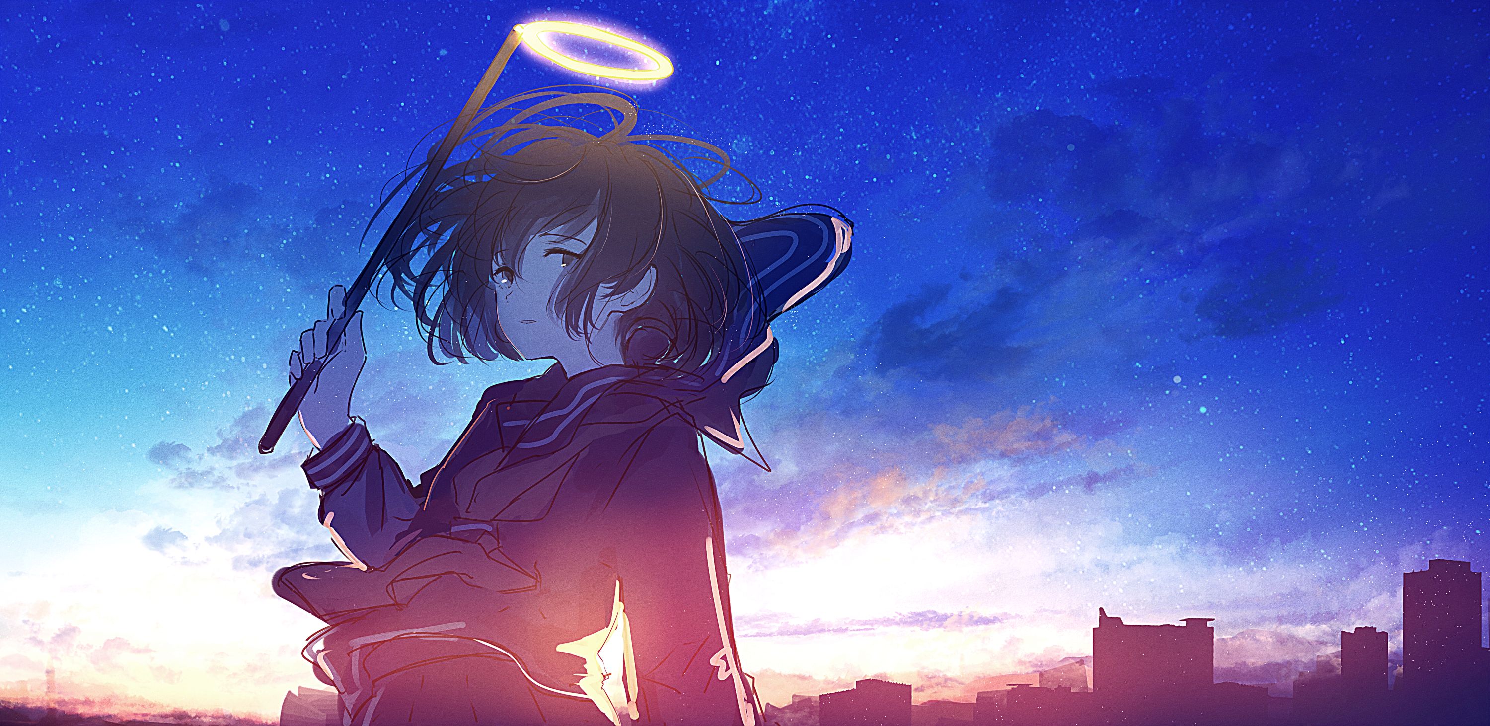 Baixe gratuitamente a imagem Anime, Pôr Do Sol, Cidade, Céu Estrelado, Original na área de trabalho do seu PC