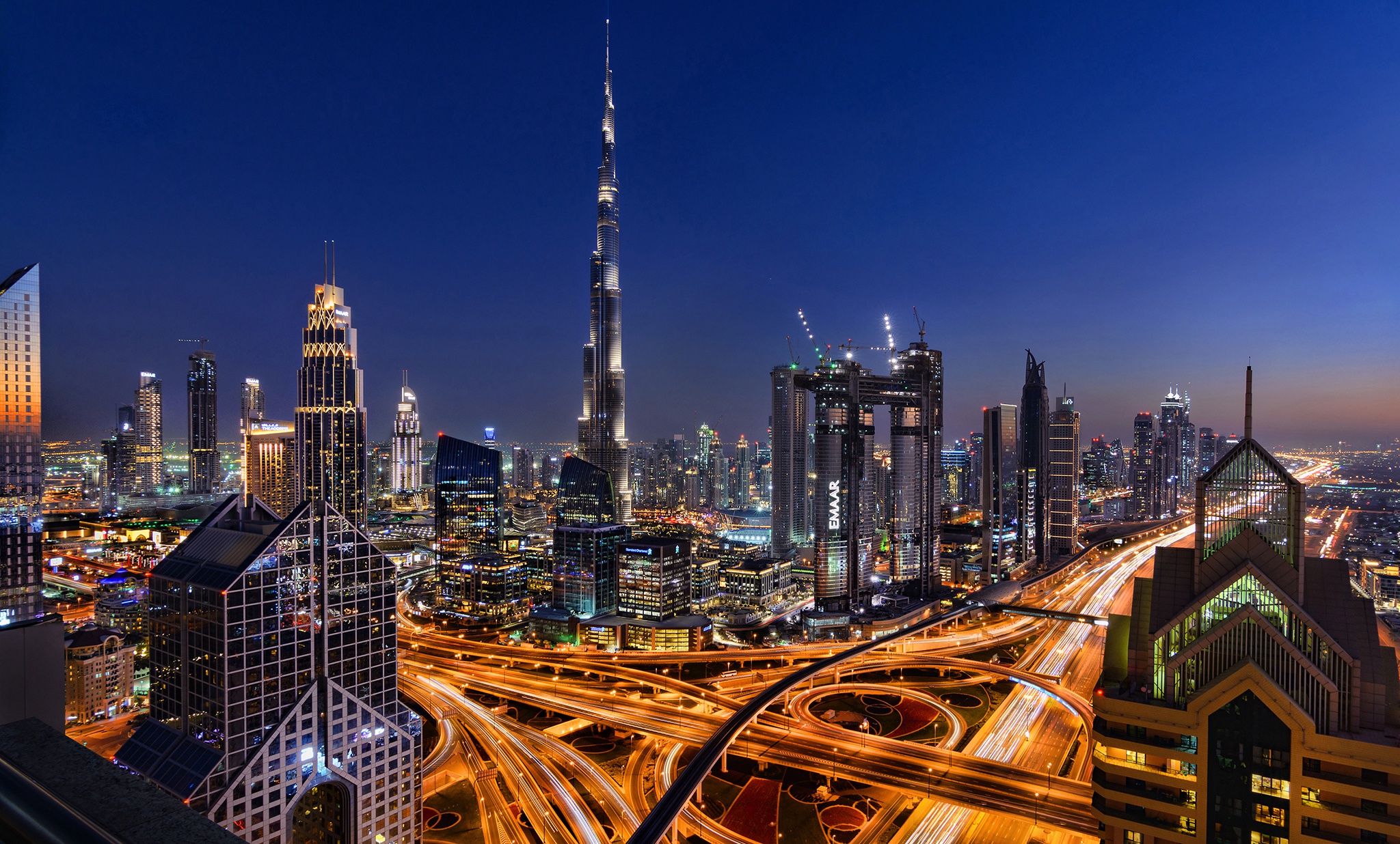 Download mobile wallpaper Cities, Night, City, Skyscraper, Light, Dubai, United Arab Emirates, Highway, Man Made for free.