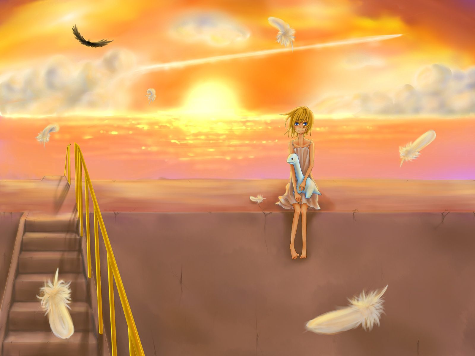 Laden Sie das Sunset, Feder, Mädchen, Anime-Bild kostenlos auf Ihren PC-Desktop herunter