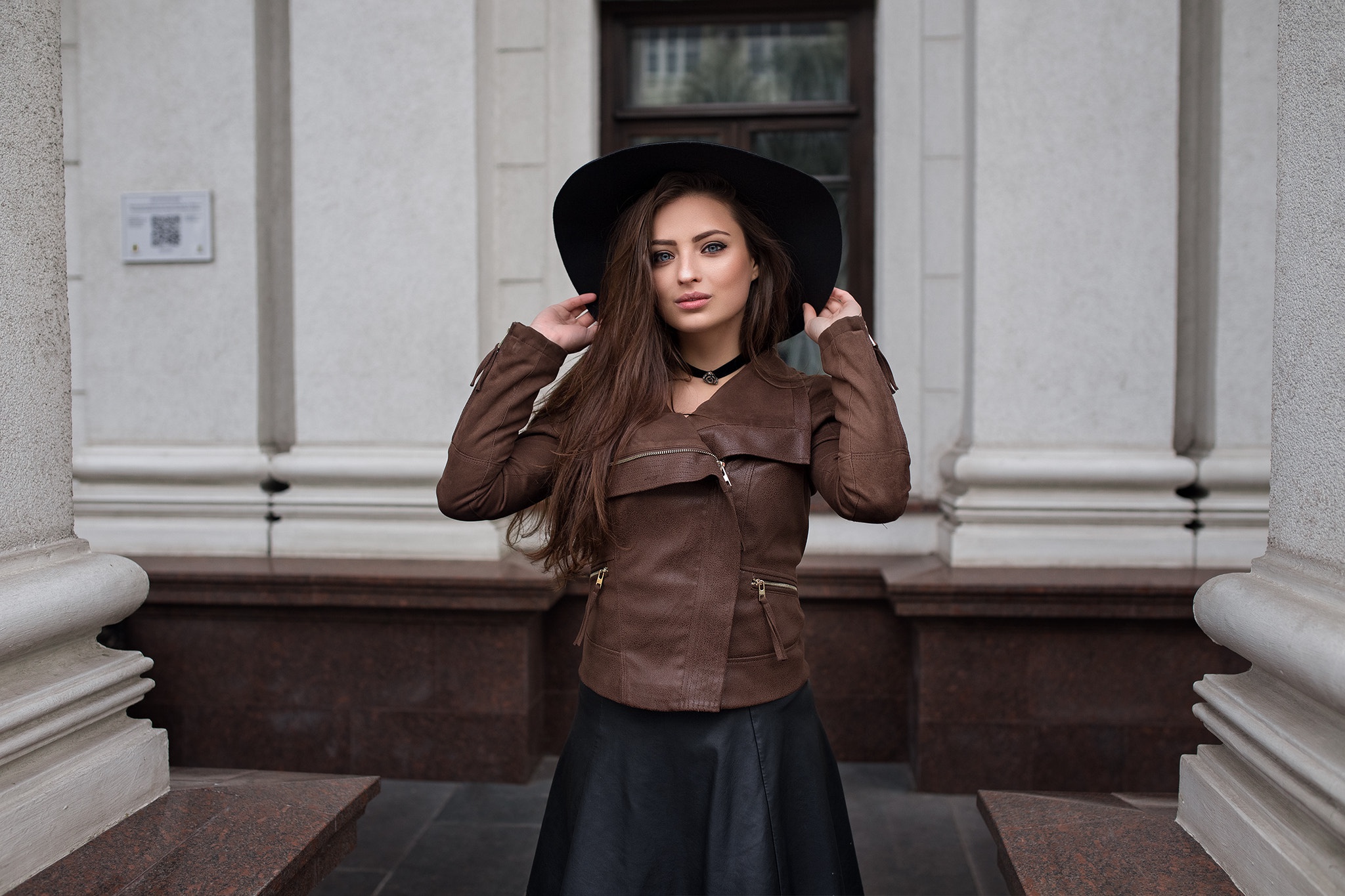 Download mobile wallpaper Hat, Brunette, Model, Women, Long Hair, Leather Jacket for free.